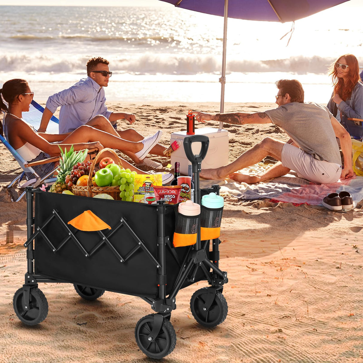 Collapsible Wagon, Grocery Wagons Carts Foldable Utility Wagon with All-Terrain Wheels, Cup Holders, Pockets for Grocery Shopping, Sport, Camping, Garden, Outdoor Biange