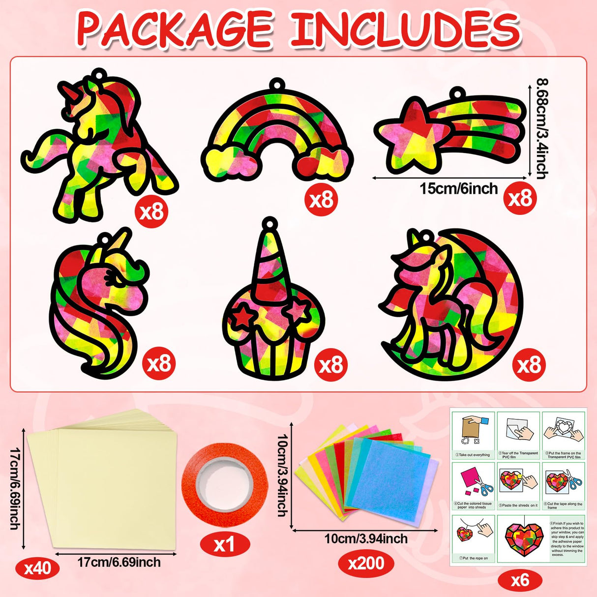 Qyeahkj 36 Set Unicorn Suncatchers Crafts for Kids DIY Unicorn Tissue Paper Crafts Window Stained Glass Effect Rainbow Hanging Decor School Home Creative Activity Art Project Birthday Party Favor Gift Qyeahkj