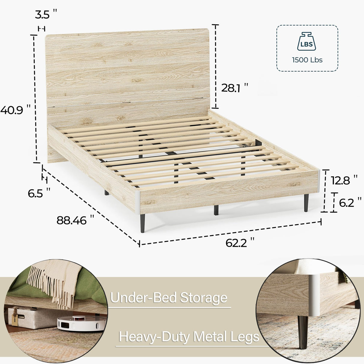 LINSY Wood Bed Frame, Queen Bed Frame with Headboard LED, Wooden Platform Frames with Charging Station, No Box Spring Needed, Easy Assembly, Natural Wood LINSY