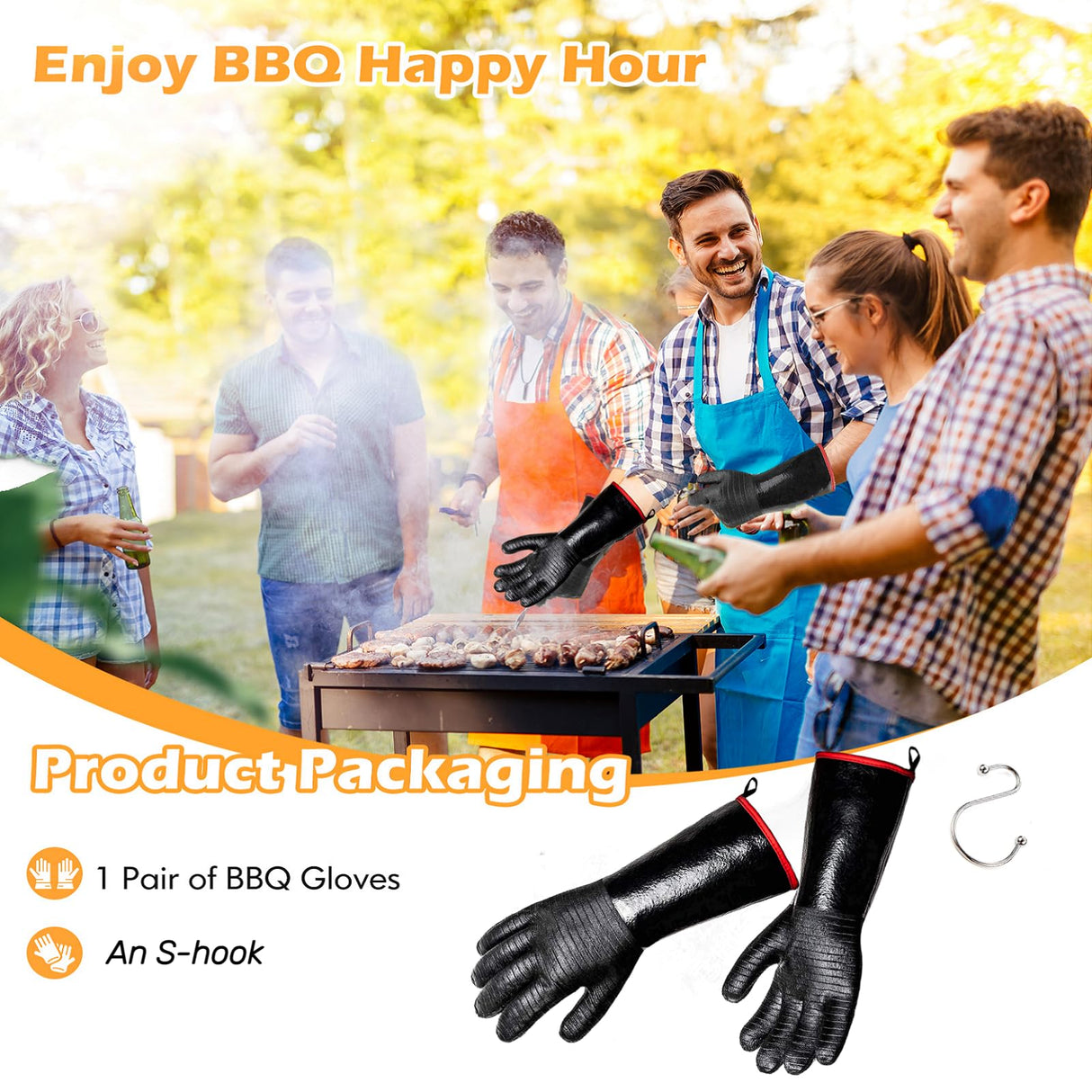 JENPOS BBQ Gloves - 1472°F Thicken Heat Resistant Gloves w/S-Hook 14 in Kitchen Oven Mitts Waterproof Grill Gloves Oil Resistant Grilling Gloves Cooking Gloves for Turkey Fryer/Baking/Oven/Smoker Jenpos