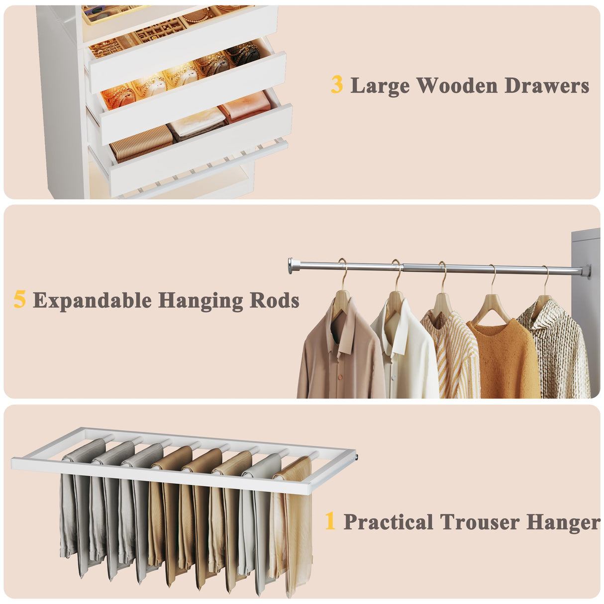 Closet System, 4-8FT Closet Organizer with 3 Wood Drawers & Glass Top, 102'' Walk in Closet with 5 Hang Rods & LED Lights & Trouser Rack, Built-in Wardrobe Clothes Rack with Shelves and Tower, White HUAHUU