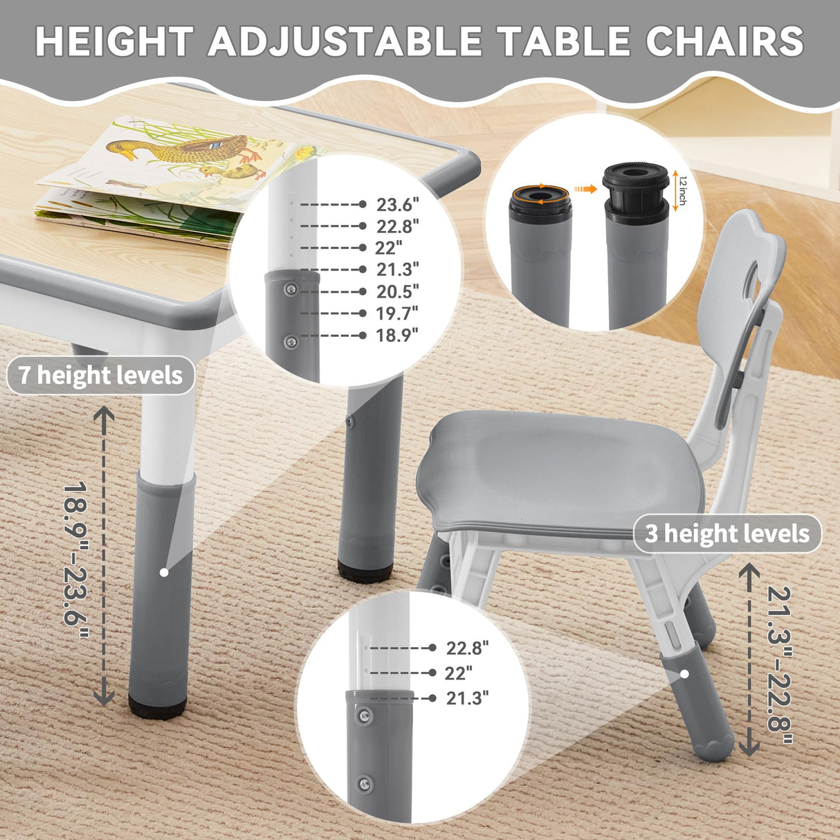 GITAWUSA Kids Study Table and Chairs Set, Height Adjustable Toddler Table and Chair Set for Kids Ages 3-8, 31.5" L x 23.6" W Graffiti Desktop Plastic Children Art Table with 4 Seats, Grey GITAWUSA