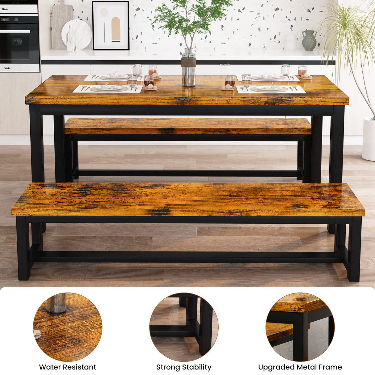 AWQM Dining Room Table Set, Kitchen Set with 2 Benches, Ideal for Home, and Room, Breakfast of 43.3x23.6x28.5 inches, Benches 38.5x11.8x17.5 Industrial Brown AWQM