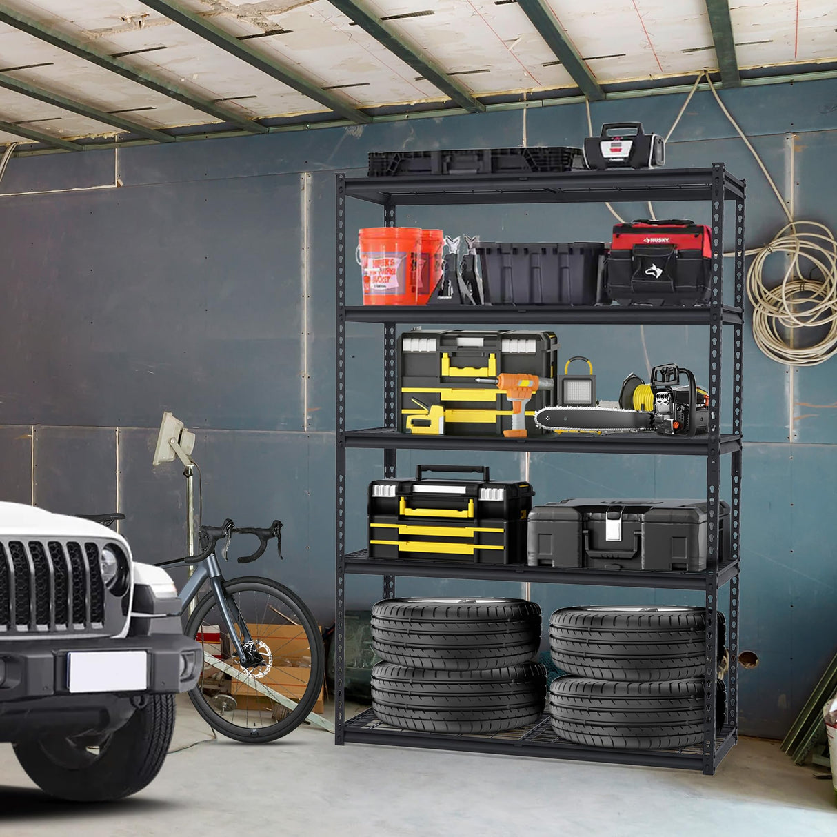 FinerFurnis Heavy Duty 5-Tier Garage Shelving Unit 2500 Lbs Capacity Adjustable Metal Storage Shelves Industrial Utility Rack 48x18x72 Inch Durable and Storage Solution for Garage and Workshop FinerFurnis