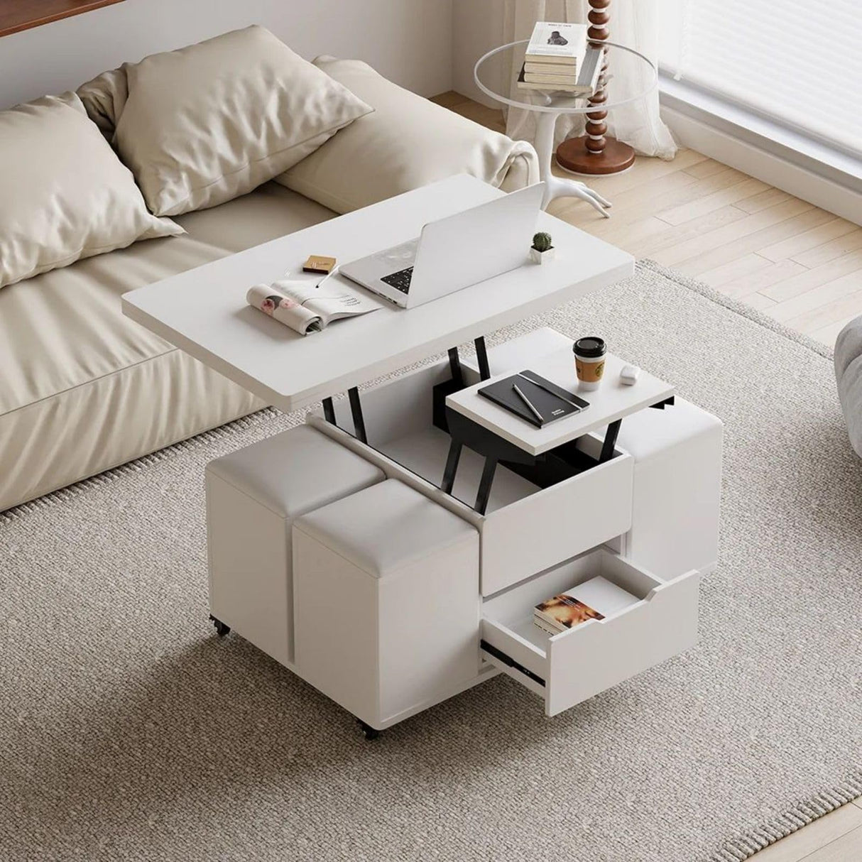 homary White Lift Top Coffee Table with Hidden Storage, 3 in 1 Multi-Function Modern Folding Center Table with 4 Stools and Casters homary