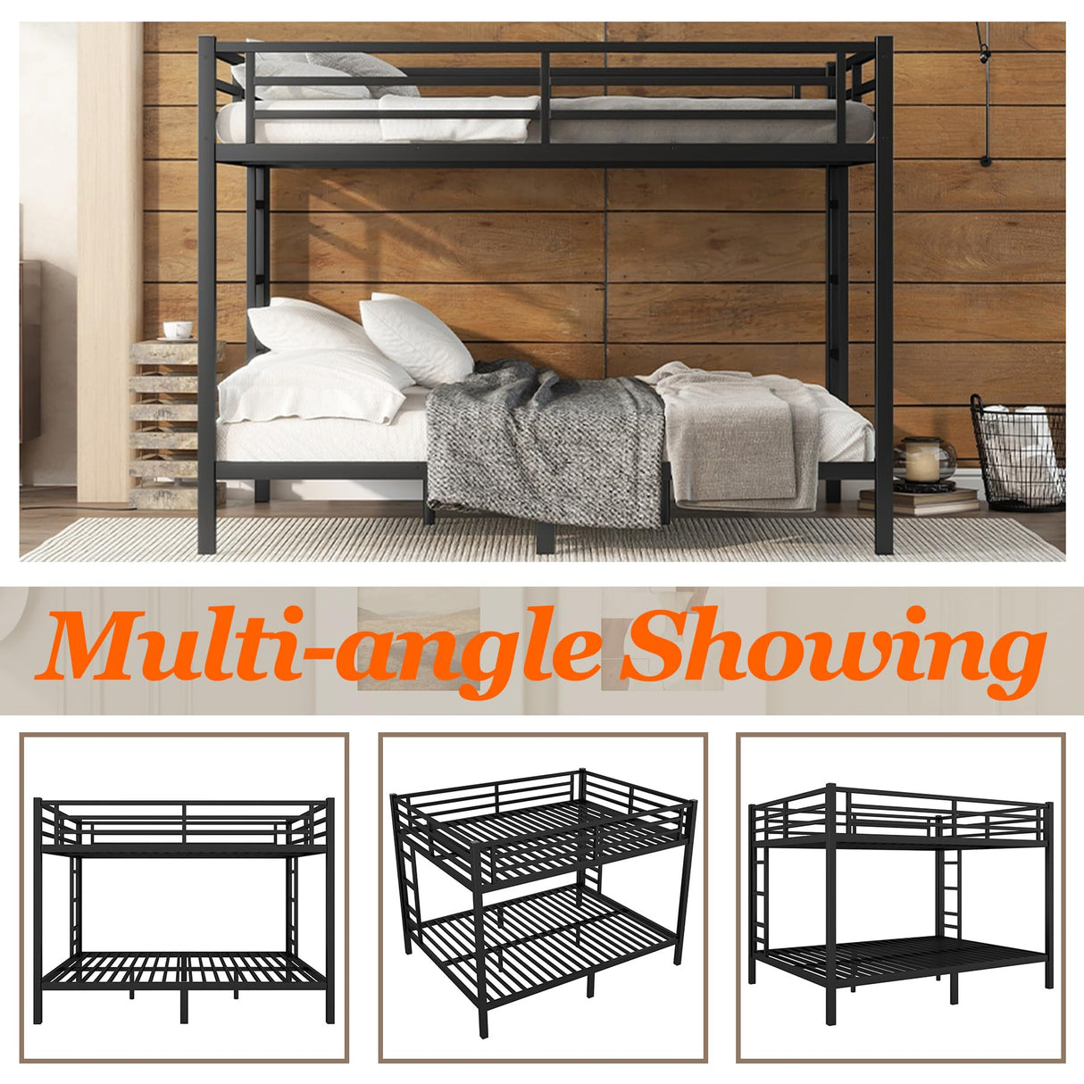 Thctvous Queen Over Queen Bunk Bed,Heavy Duty Metal Bunk Bed Frame for Adults,2 Side Ladder,Guardrail,Space-Saving,Noise Reduced,No Box Spring Needed,Black (Queen Over Queen) Thctvous