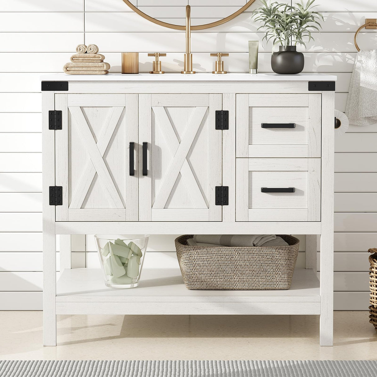 AMERLIFE 36" Farmhouse Bathroom Vanity with Sink Combo, Wood Barn Door Freestanding Small Single Bath Storage Cabinet Set with Sliding Drawers & Open Shelf, Paper Towel Holder, Antique White AMERLIFE