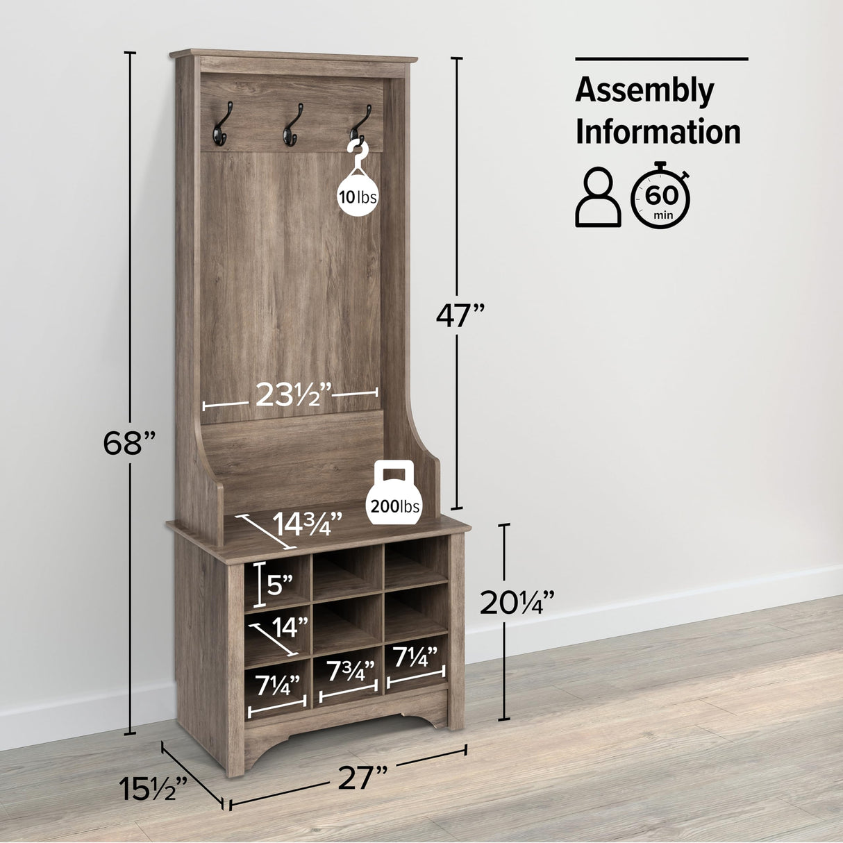 Prepac Gray Hall Tree, Shoe Cabinet, Storage Cabinet with 9 Shoe Cubbies and 3 Double Coat Hooks 15.5" D x 27" W x 68" H Prepac