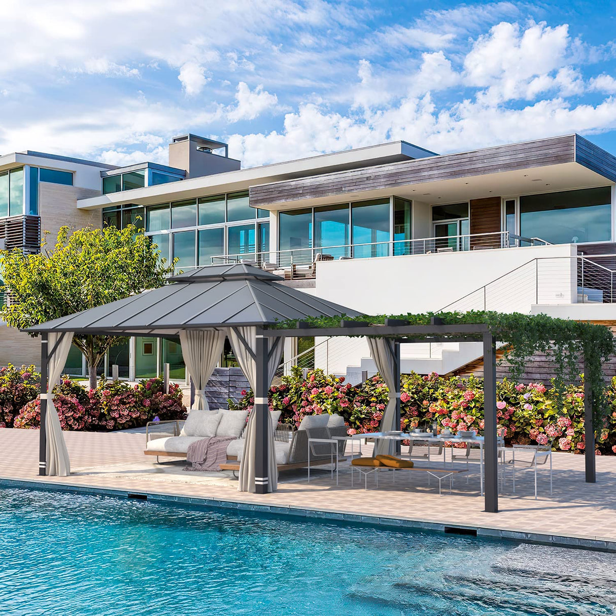 EROMMY 12'x14' Permanent Hardtop Gazebo with 12'x10' Outdoor Pergola, Metal Steel Canopy with Aluminum Composite Roof for Patio Lawn and Garden, Curtains and Netting are Included, Grey EROMMY