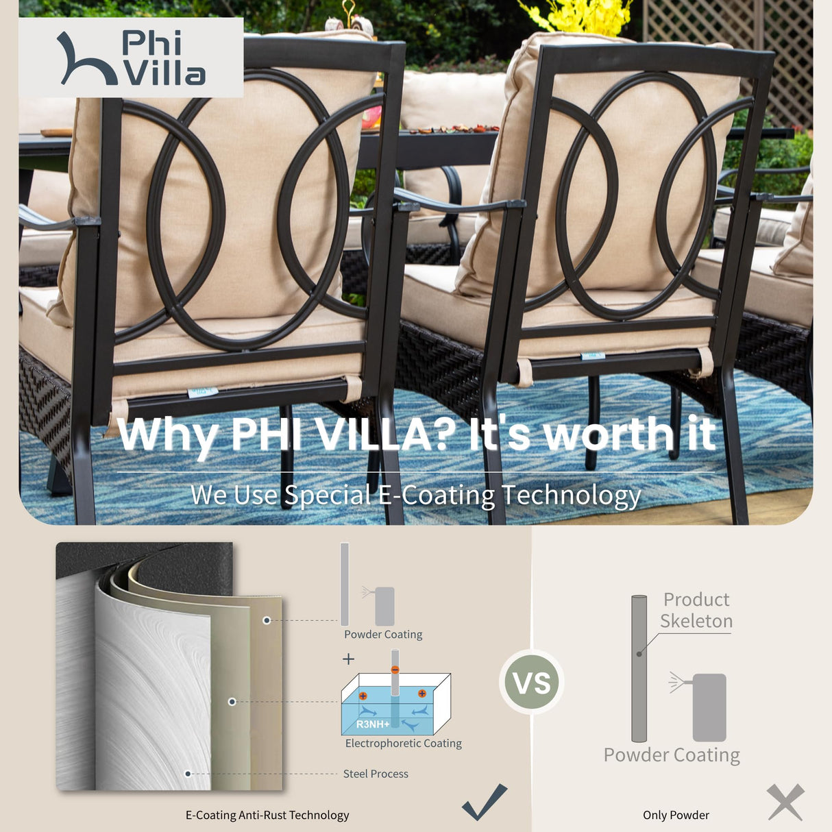 PHI VILLA 7 Pieces Patio Dining Set, Outdoor Round Table and Chairs for 6, 52" Round Dining Table with Umbrella Hole & 6 Heavy Metal Wicker Chairs with Thick Cushions PHI VILLA