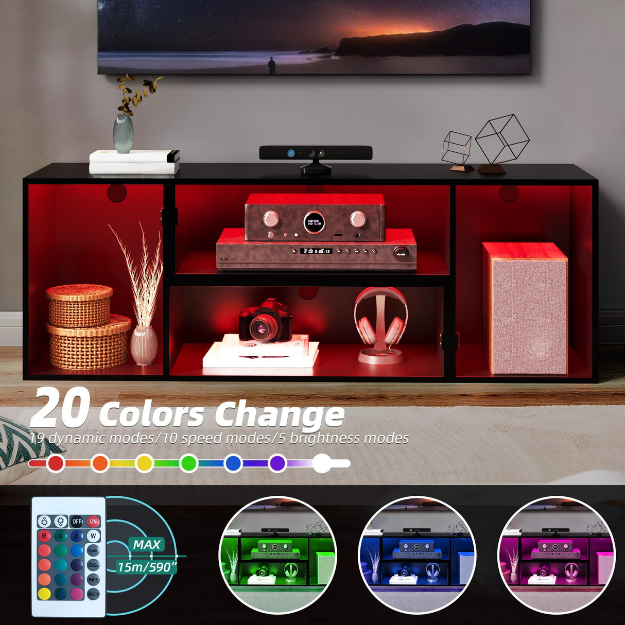 YITAHOME Transformable TV Stand w/String of LED Light, Modern Entertainment Center for 75/70/65/60/55/50/45 inch TVs, Gaming TV Media Consoles, TV Cabinet for Living Room, Black YITAHOME