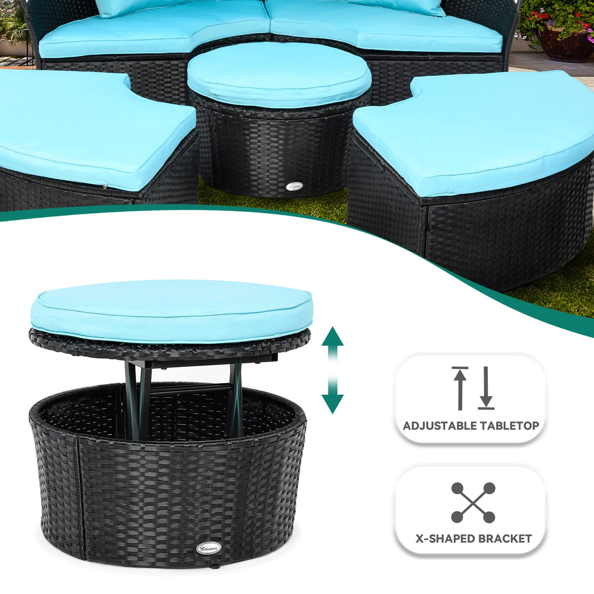YITAHOME Outdoor Furniture Patio Round Daybed with Retractable Canopy, Soft Cushions, and Storable Side Table for Leisure in Porch Backyard, Turquoise YITAHOME