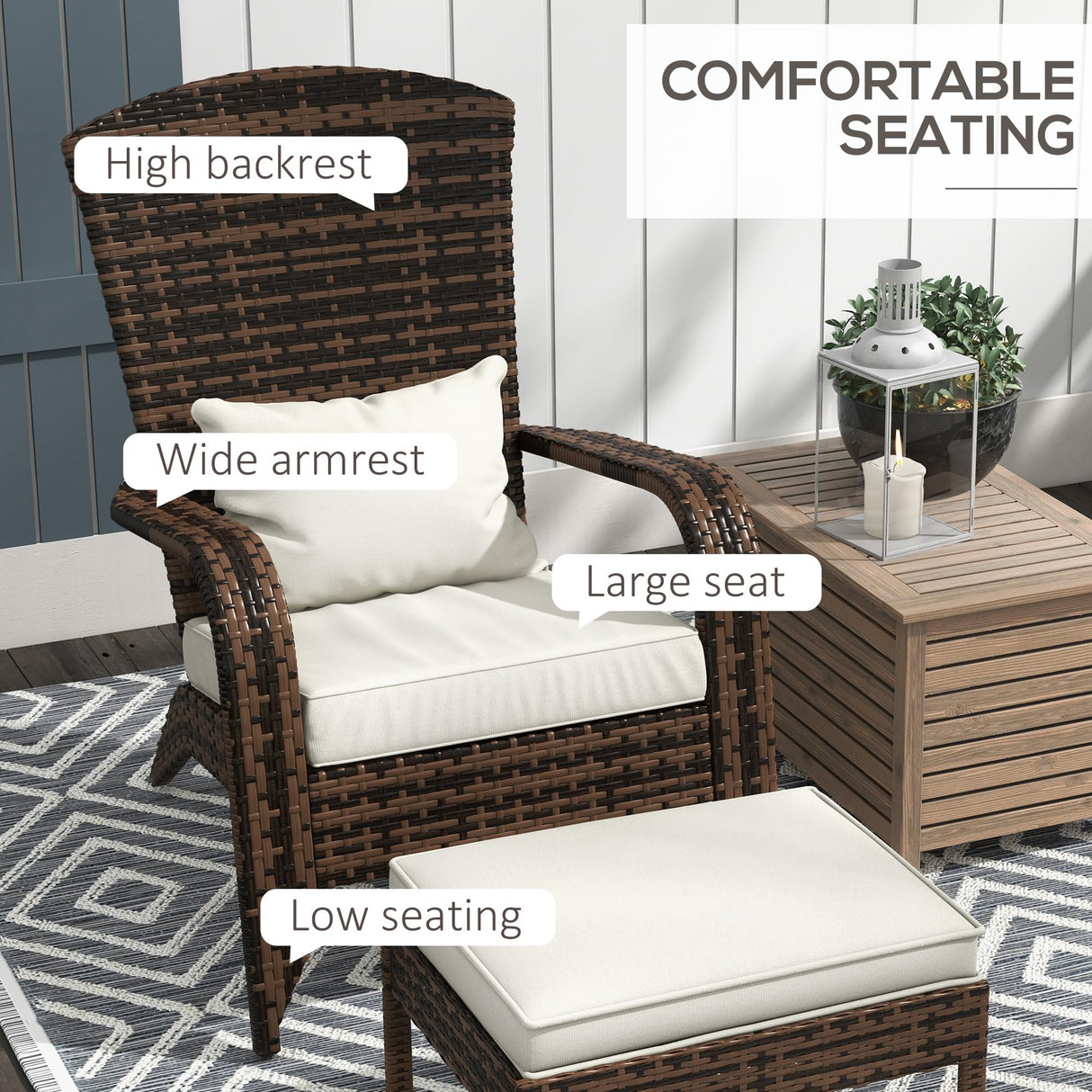 Outsunny Patio Wicker Adirondack Chair with Ottoman, Outdoor Fire Pit Chair with Cushions, High-Back, Large Seat & Armrests for Deck, Garden & Backyard, Cream White Outsunny
