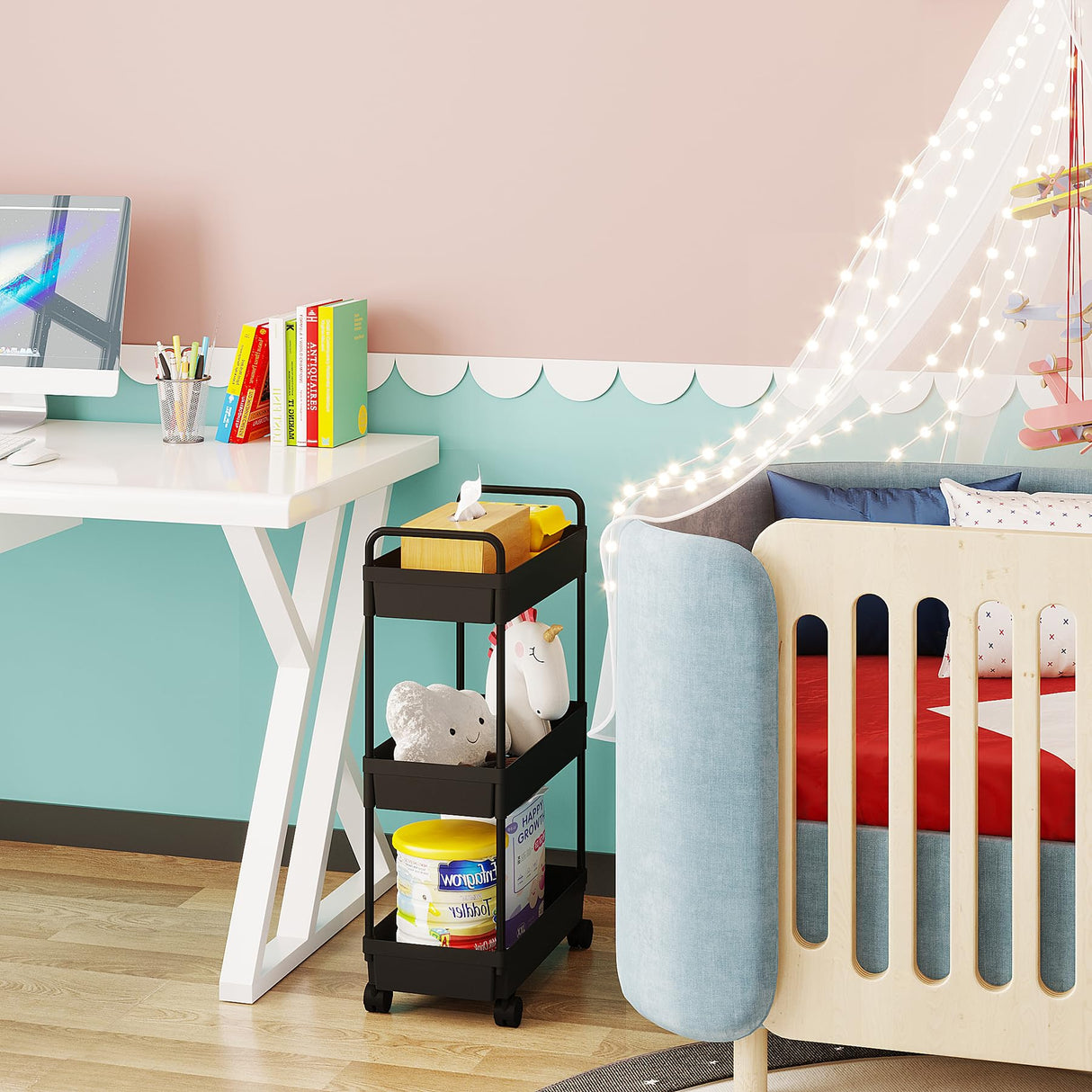 Buzowruil Rolling Storage Cart 3 Tier Organizer Mobile Shelving Unit Storage Rolling Utility Cart with Wheels for Kitchen Bathroom Laundry,Black Buzowruil