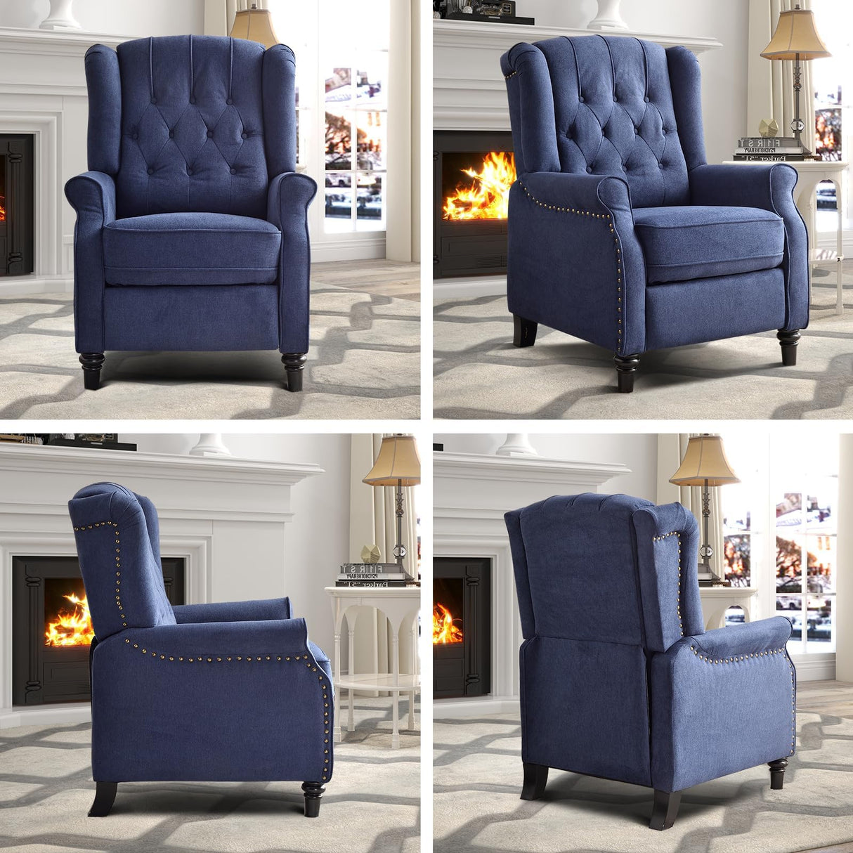 EBELLO Pushback Recliner Chair, Fabric Armchair Push Back Recliner with Rivet Decoration, Single Sofa Accent Chair for Living Room, Bedroom, Navy Blue EBELLO