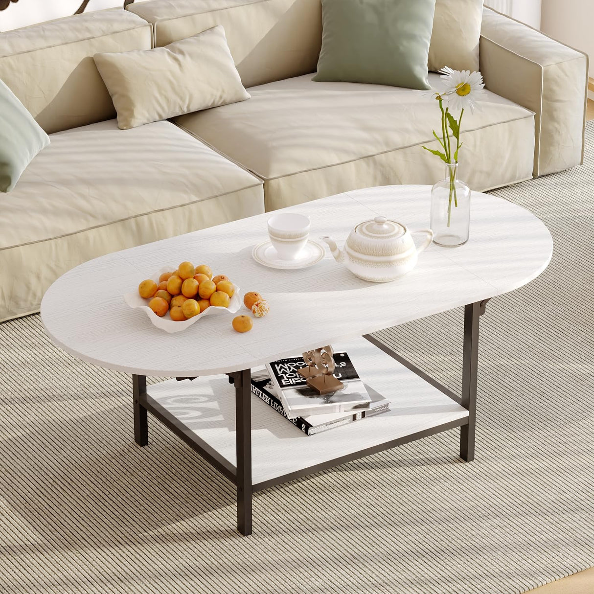 ECACAD 23.6-47.2" W Extendable Coffee Table with Drop Leaves, 2-Tier Wood Coffee Table for Small Space, Modern Oval Center Table with Storage Shelf for Living Room, White & Black ECACAD