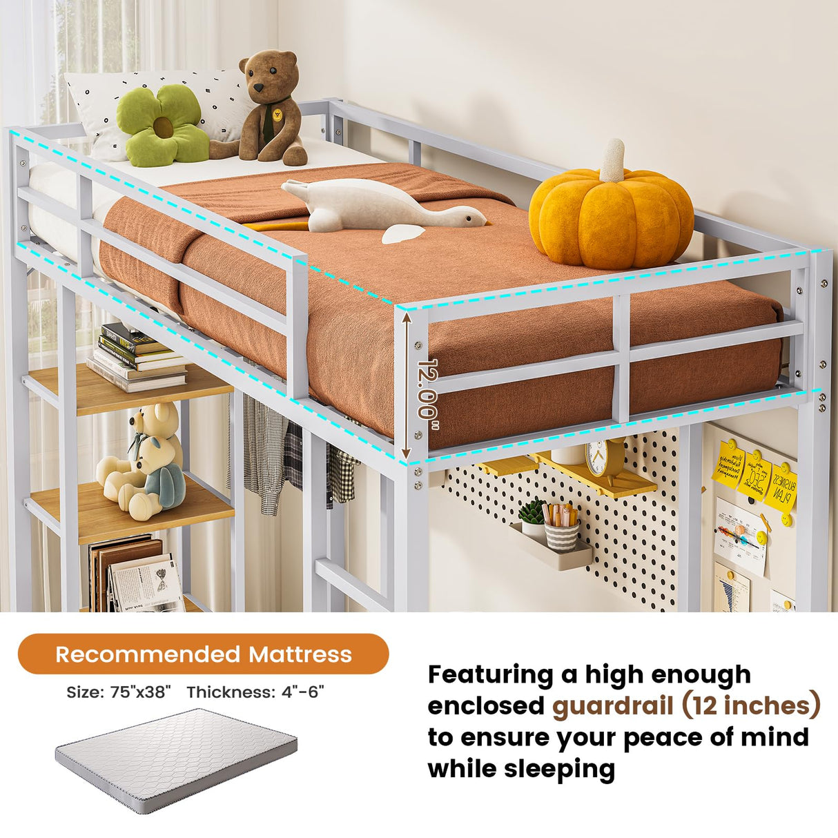 Hasuit Metal Loft Bed Twin Size with Desk and Charging Station White Twin Loft Bed with LED Lights, 4 Storage Shelves and 2 Fabric Drawers, Twin Size Loft Bed with Safety Guard, Clothes Rail & Ladder Hasuit