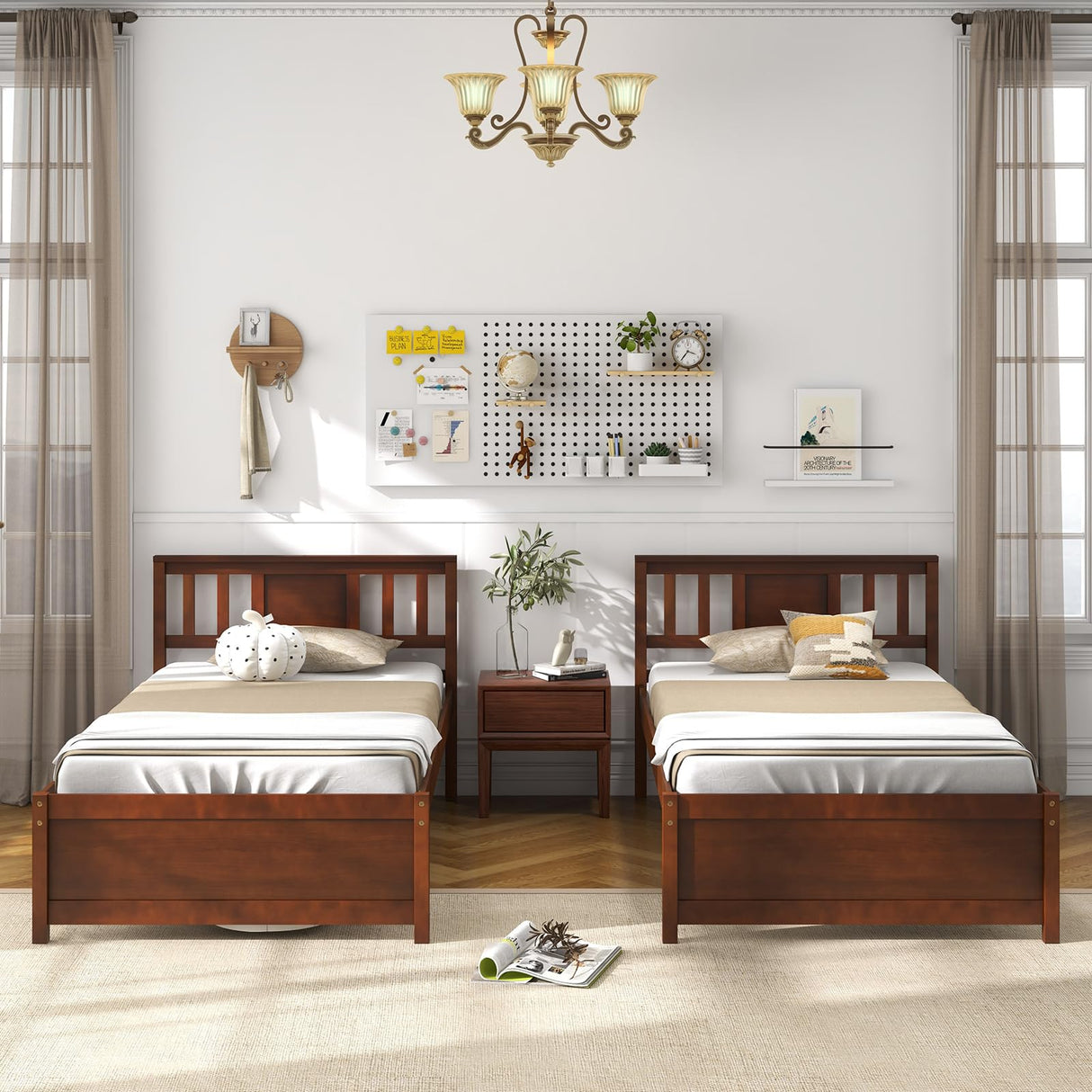 Giantex Mid Century Twin Bed Frame with Headboard in Walnut - Solid Wood Platform with Slat Support Giantex