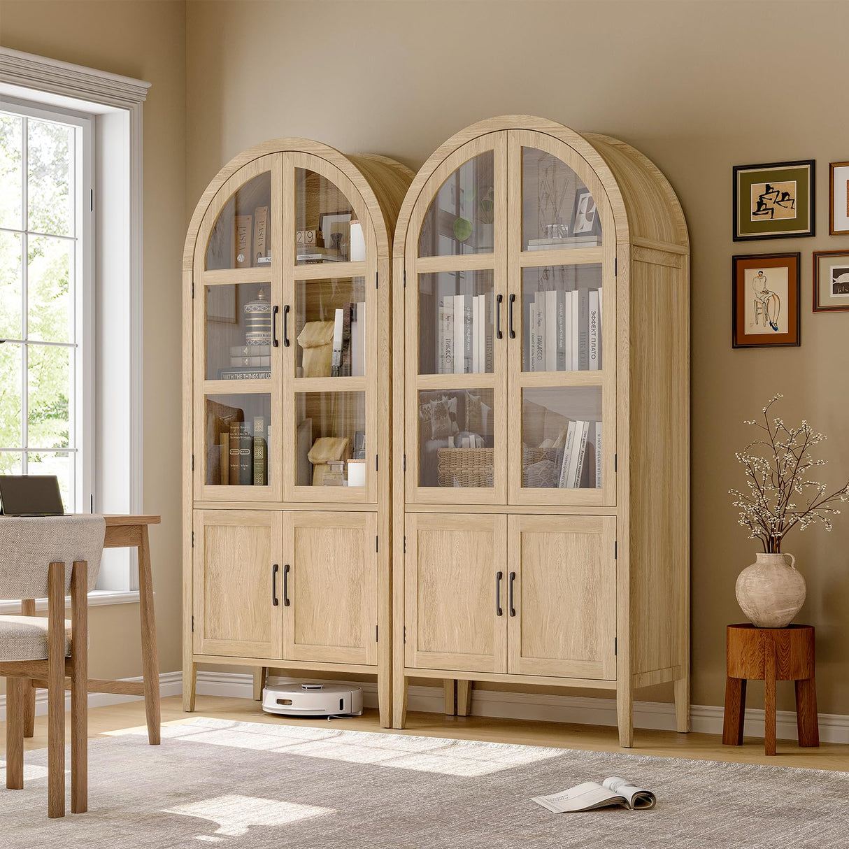 ONBRILL 71" Tall Arched Cabinet, 5-Tier Arched Kitchen Pantry with Glass Doors & Shelves, Modern Display Storage Cabinets with Adjustable Feet, Wooden Pantry Cabinet for Living Room, Dining Room ONBRILL