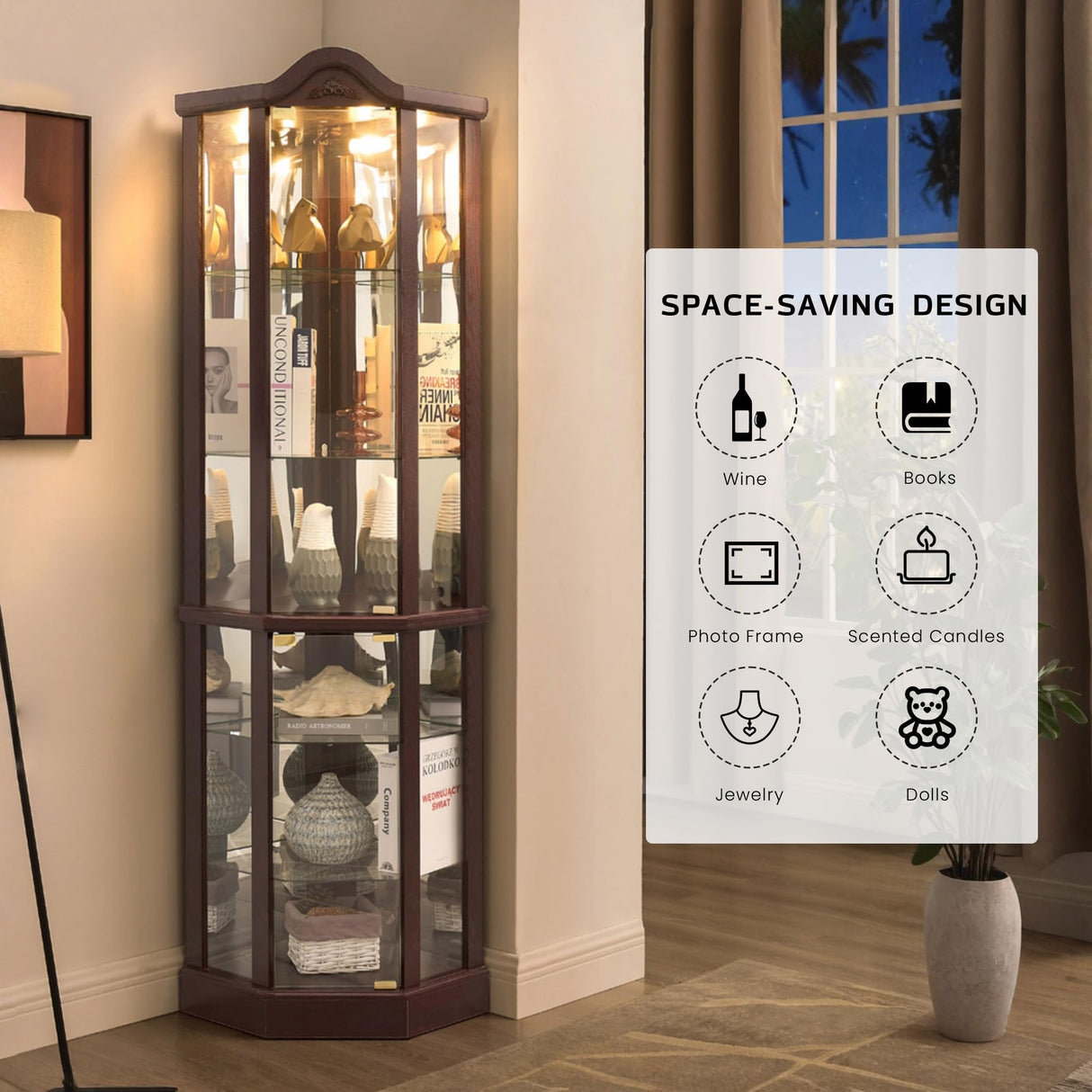 Lighted Corner Curio Cabinet with Tempered Glass Doors and Shelves, 72"H Glass Display Cabinet with Curved Top Carving, Light Bulb Included, Rack for Liquor Storage and Living Room (Dark Cherry) Eyisean