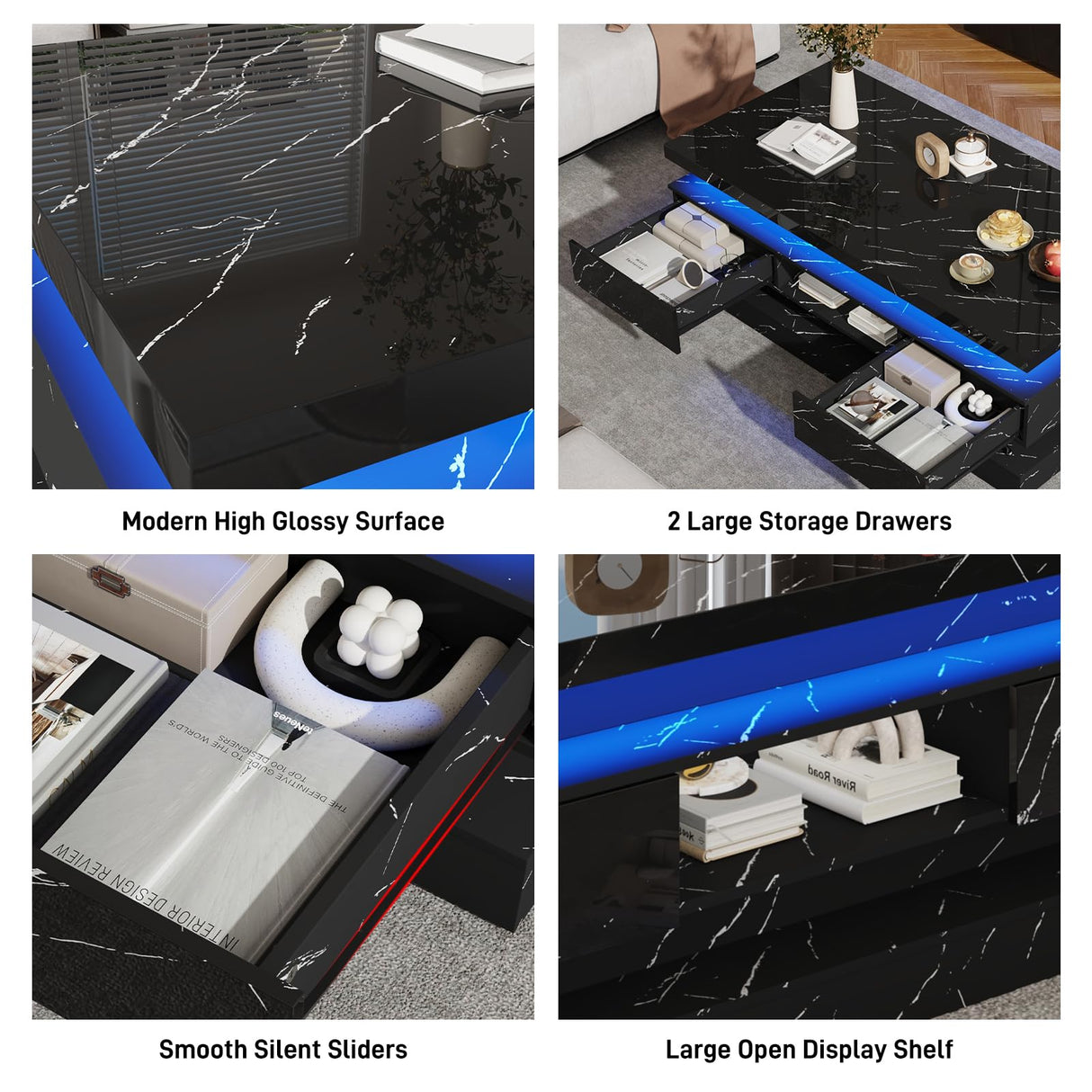 47.2 inch Modern High Glossy LED Coffee Table with 2 Sliding Drawers, Double-Layer Center Tables with LED Lights for Livings Room Furniture, Black chartustriable