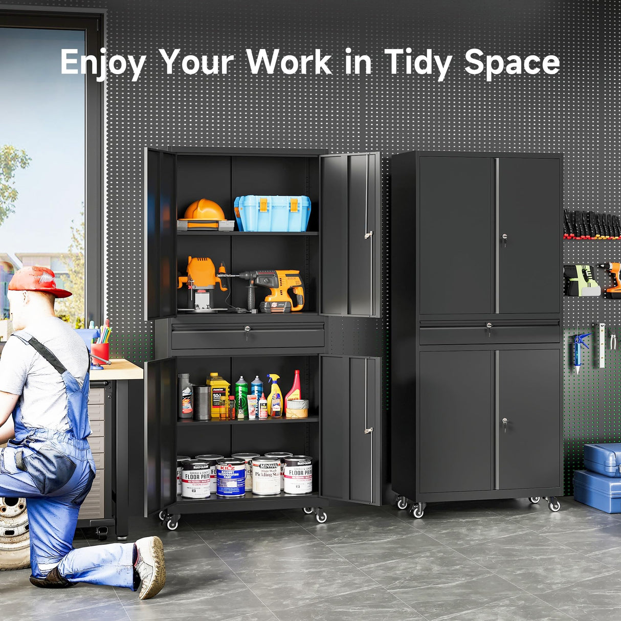 Metal Garage Storage Cabinet with Wheels and Drawer,73" Tall Black Rolling Garage Cabinet with Locking Doors and Adjustable Shelves,Mobile Metal Storage Cabinets on Wheels for Home,Office,Garages,Tool SISESOL