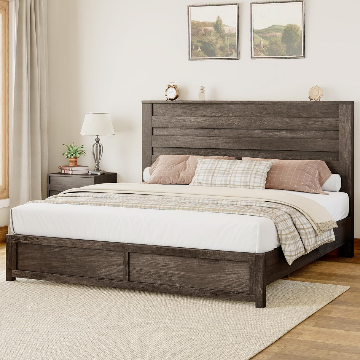 Albott Rustic Grey King Size Wood Platform Bed Frame with Slatted Headboard and No Box Spring Needed Albott