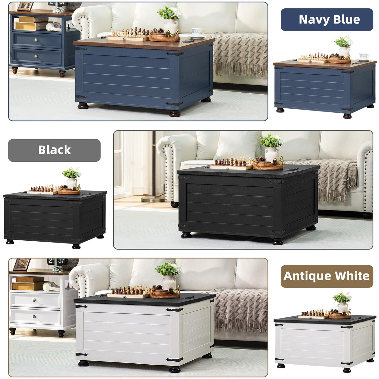 Joaxswe Farmhouse Coffee Table with Hidden Storage, 59 Gallon Square Center Table for Living Room, Rustic Wood Cocktail Tables with Flip-Top Lids, Farm House Tables with Wooden Gourd Feet, Navy Blue Joaxswe