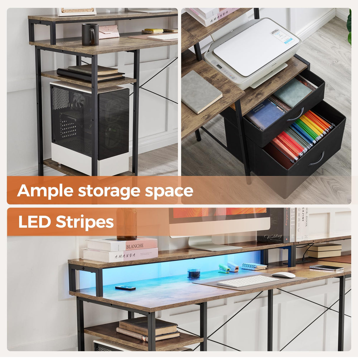 Mericonia L Shaped Gaming Desk, 66 inch Corner Computer Desk with File Drawer, Gaming Table with Led Lights, Workstation with Monitor Shelf, Printer Storage Shelves, Two Person Table, Grey Mericonia