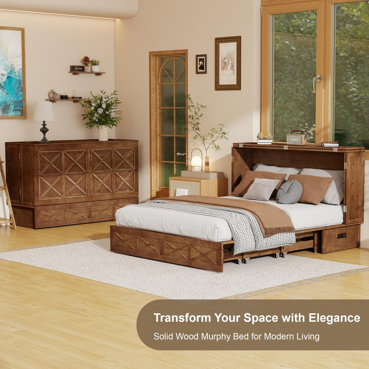 Keloyid Solid Wood Murphy Bed Cabinet:Queen Size Murphy Bed with USB Charging Station and Large Storage Drawer for Home,Optimize Sleeping Space(Mattress Not Included) Khaki-23 Keloyid