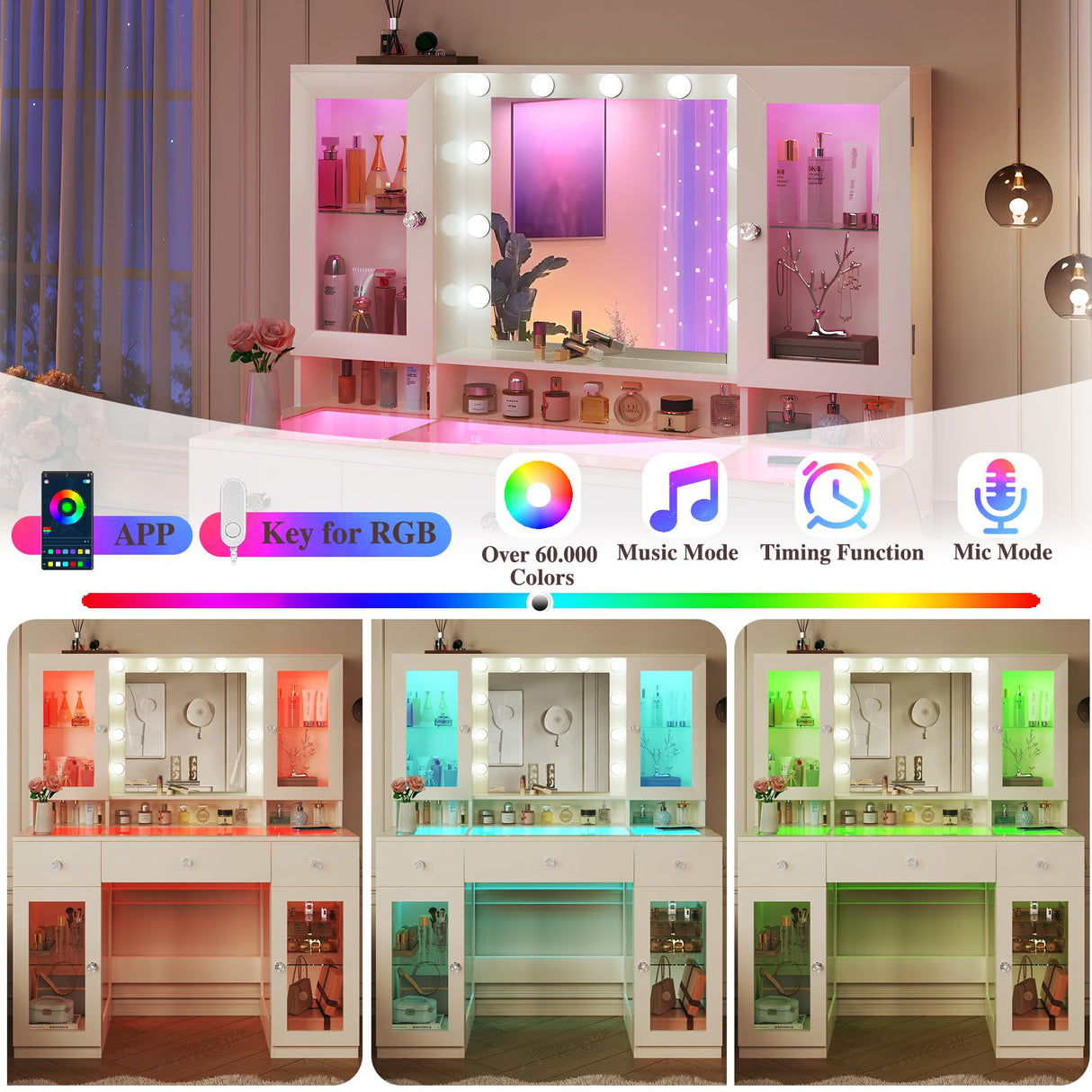HUAHUU Vanity Desk with Mirror and RGB Lights, 43" Large Makeup Vanity with Glass Top, 4 Large Glass Cabinets, Power Outlet & 3 Drawers, 3 Colors Lighting Adjustable Brightness for Bedroom, White HUAHUU