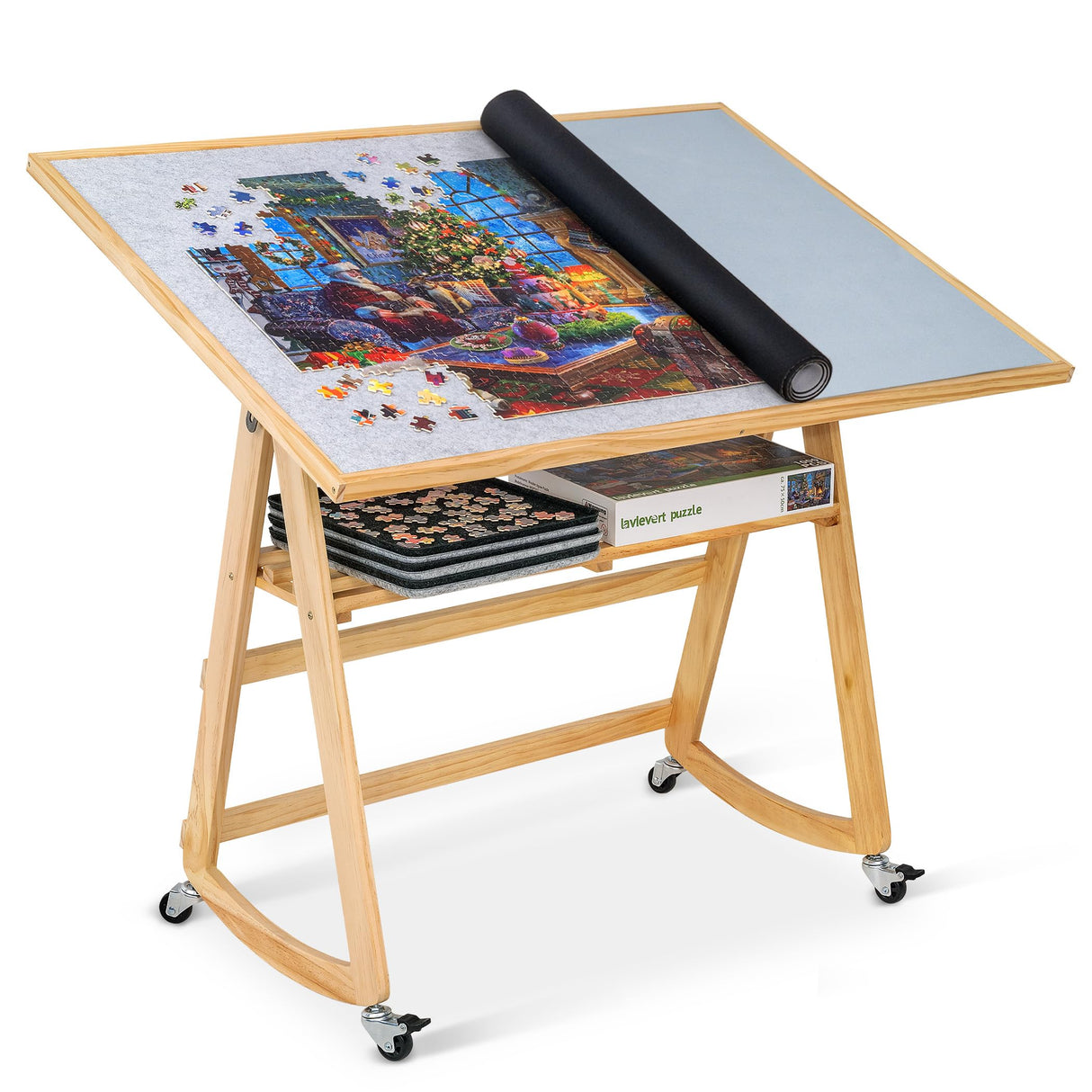Lavievert 1500 Piece Tilting Puzzle Table with Legs & Cover, Adjustable Jigsaw Puzzle Board Easel with Storage, Portable Space-Saving Wooden Table with Non-Slip Tabletop & 4 Wheels for Adults LAVIEVERT