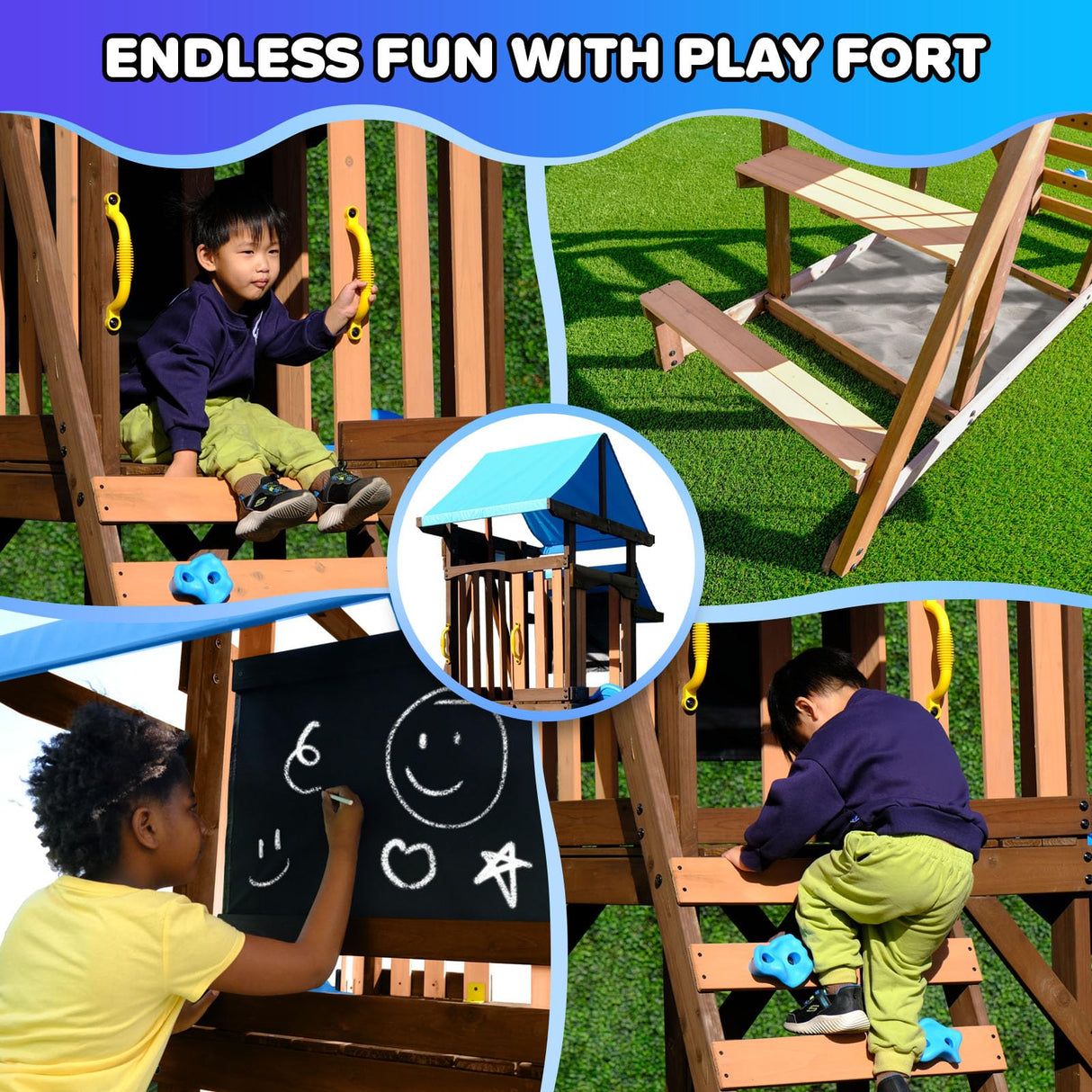 Sportspower™ Rosemont Wooden Swing Set with 8' Slide, 2 Adjustable Swings, Trapeze, Play Fort with Rock Climber, Sandbox, Picnic Table, Chalk Tarp & Anchor Kit, Outdoor Playset for Kids Ages 3–8 Sportspower