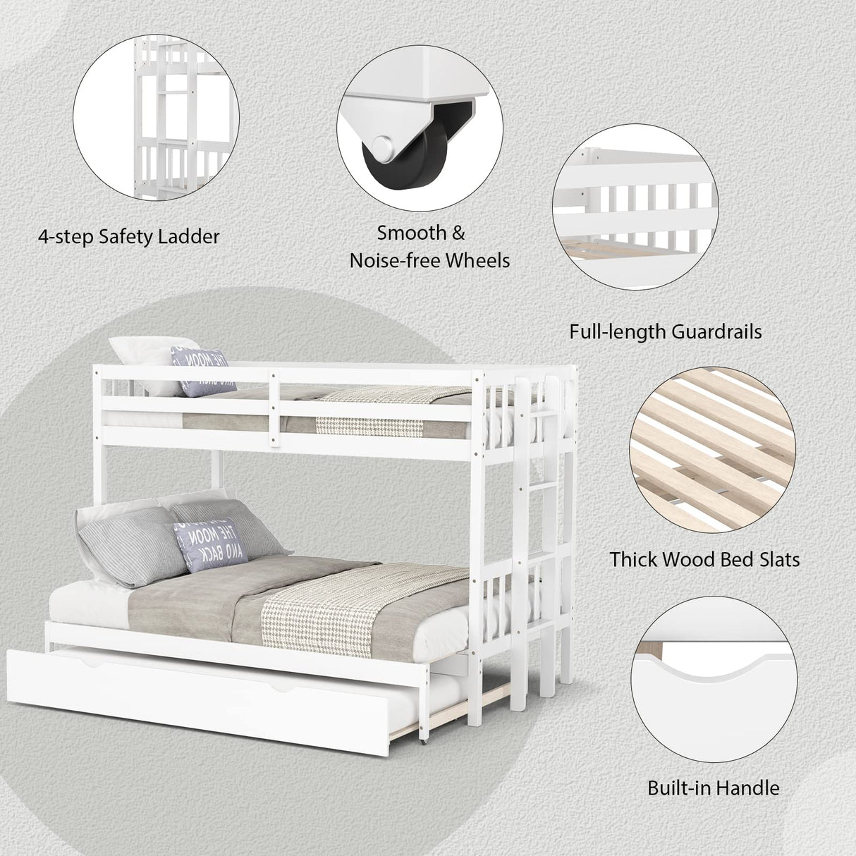KOTEK Pull-Out Bunk Bed with Trundle, Twin Over Full, Twin Over 2 Twins Bunk Bed with Ladder & Safety Rails Accommodate 4 People, Detachable Solid Wood Bunk Bed for Kids, Adults (White) KOTEK