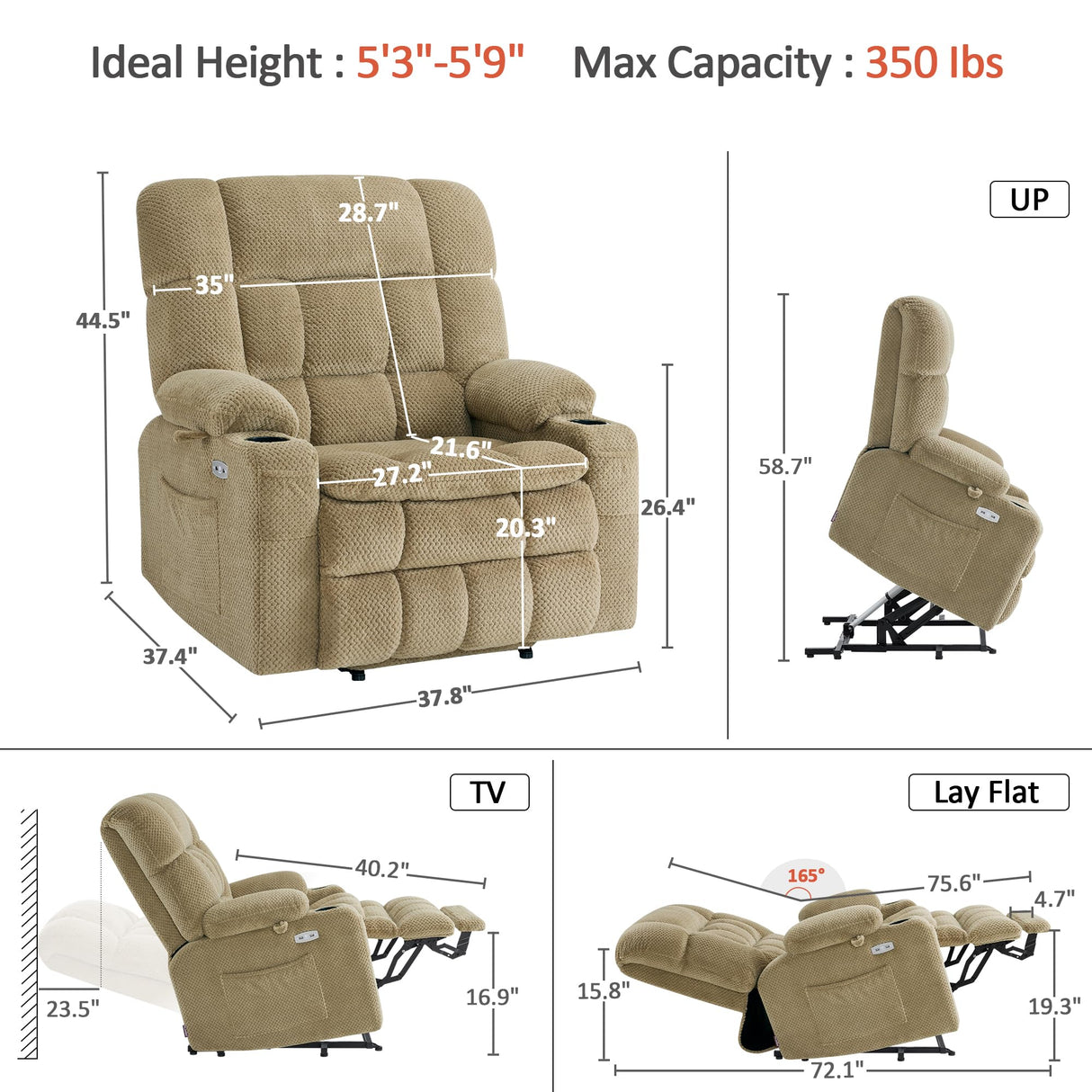 MCombo Dual Motor Power Lift Recliner Chair for Elderly, Lay Flat Lift Chair with Heat and Massage, Extra Wide Lift Recliner for Big People, Cup Holders, Fabric R7897 (Medium-Wide, Beige) MCombo