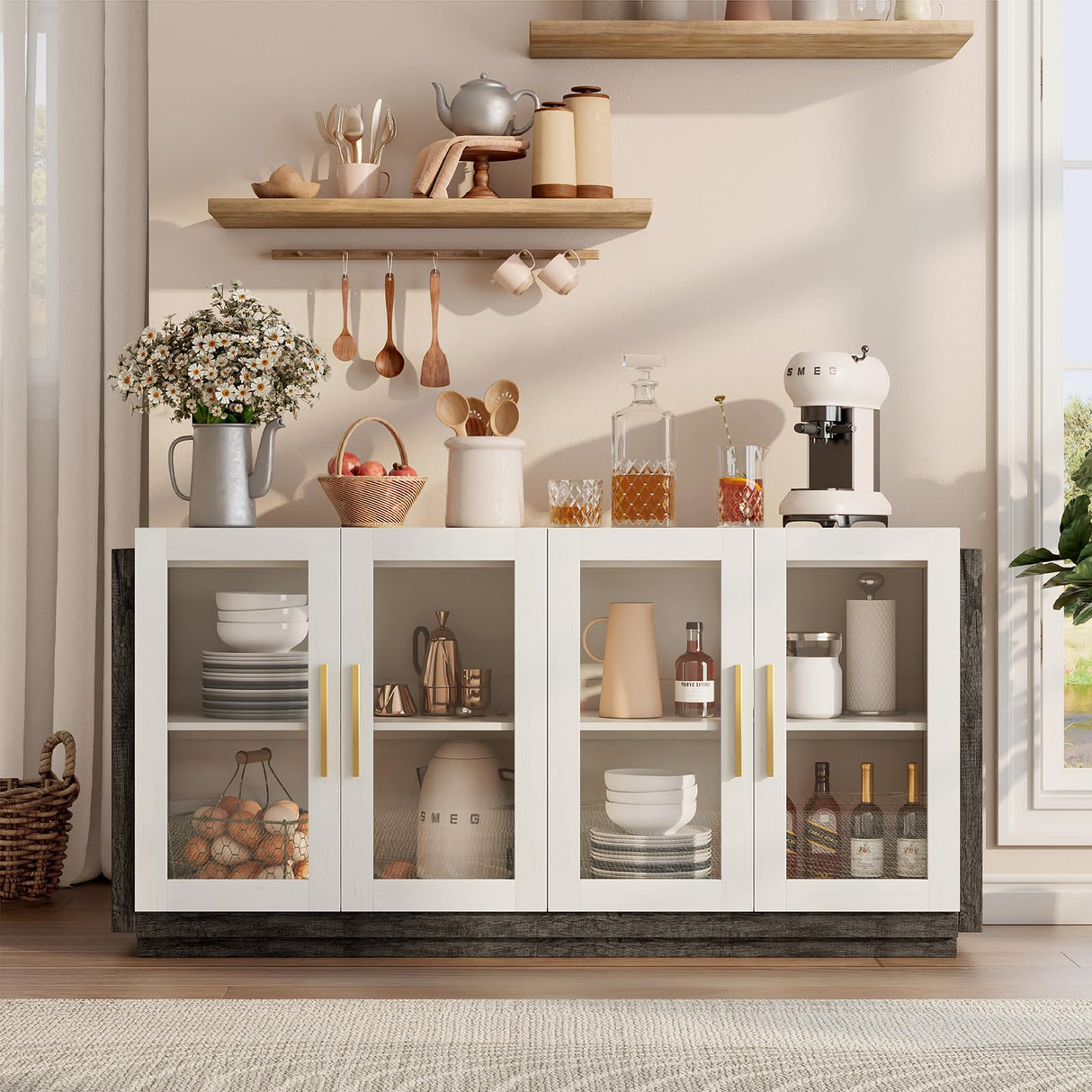 AMERLIFE Sideboard Buffet Cabinet, Mixed Color Accent Cabinet with LED Lights, Modern Glass Doors Storage Cabinet with Adjustable Shelf, Console Table for Dining, Living Room, White and Grey AMERLIFE