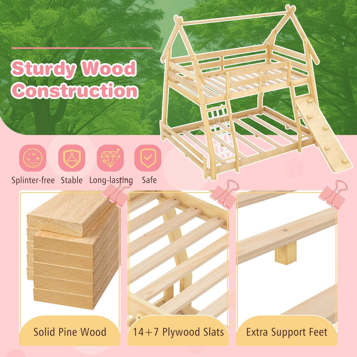 Giantex Twin Over Queen Bunk Bed, Wood House Bunk Bed for Kids with Climbing Nets and Ramp, Floor Queen Size Bunk Beds with Safety Guardrail, No Box Spring Needed, for Boys Girls Adults (Natural) Giantex