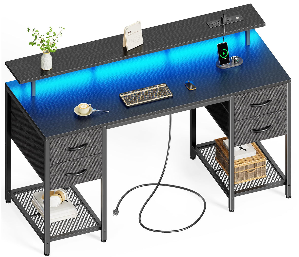 Huuger 55 inch Computer Desk with 4 Drawers, Gaming Desk with LED Lights & Power Outlets, Home Office Desk with Large Storage Space for Bedroom, Work from Home, Black Huuger