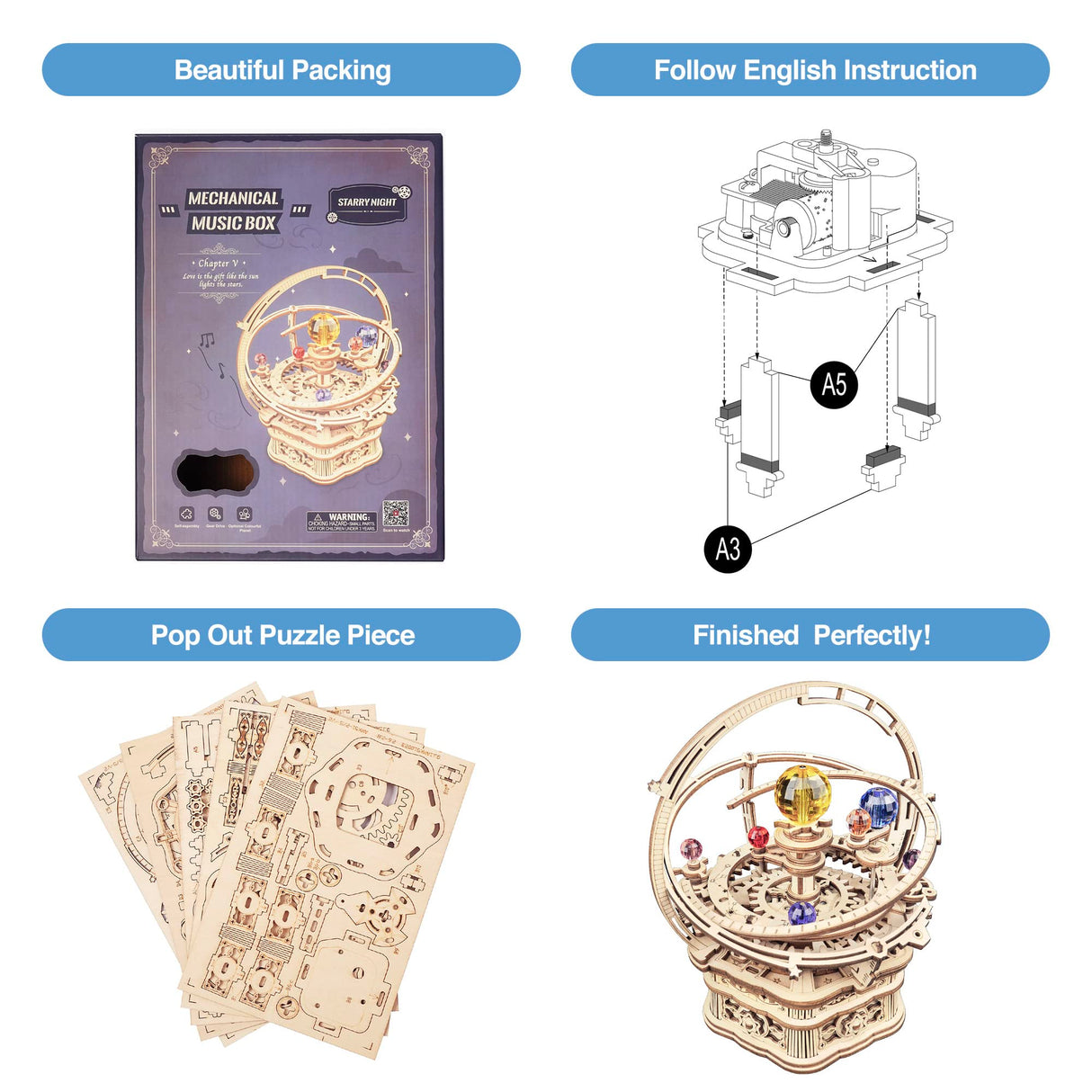 ROBOTIME 3D Puzzles for Adults Model Kits for Adults Hobbies for Men/Women Rotating Starry Night Wooden Puzzle Music Box AMK51 ROBOTIME