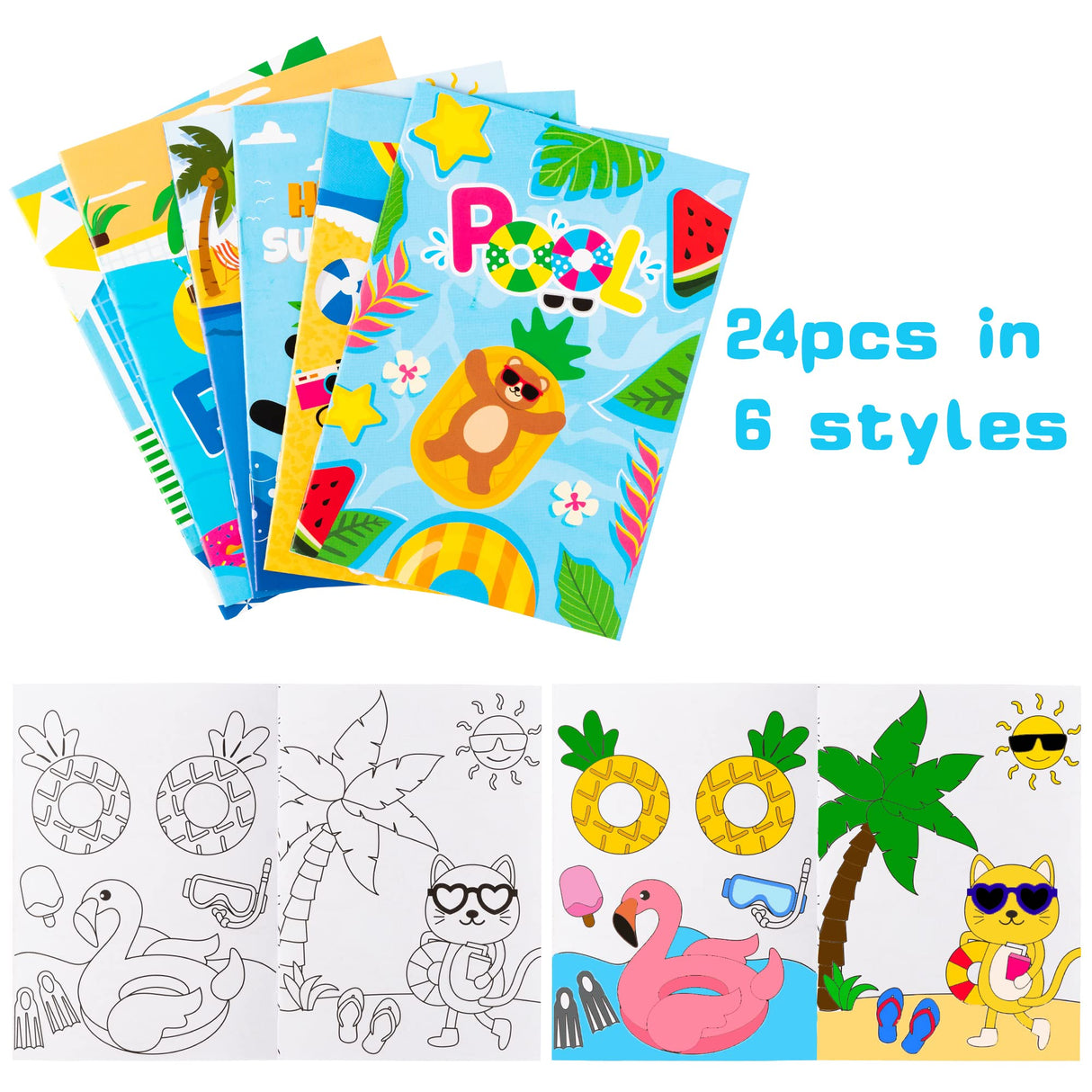 Dvbonike 24Pcs Summer Beach Coloring Books Including Watermelon Pineapple Coconut Flamingo DIY Art Drawing Patterns Pool Birthday Party Favors Gifts Home School Activity Supplies for Kids Boys Girls Dvbonike