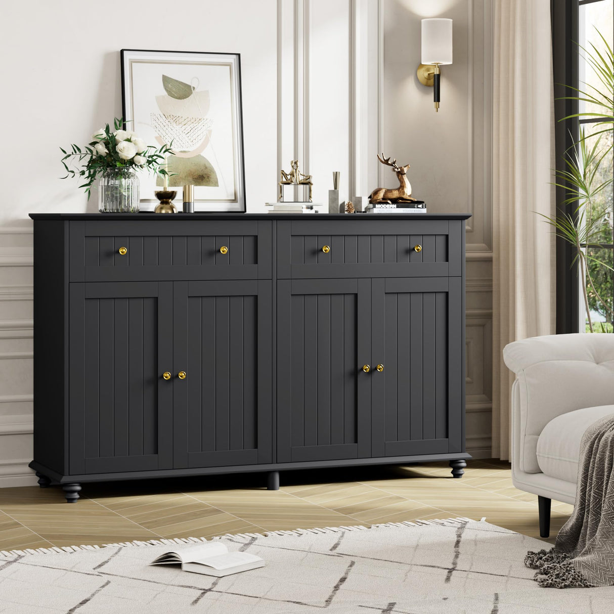 finetones Buffet Cabinet with Storage, 55.1” Large Sideboard Buffet Cabinet, Black Kitchen Cabinet Display Cabinet with 2 Drawers and 4 Doors, Wood Coffee Bar Cabinet for Kitchen Dining Room finetones