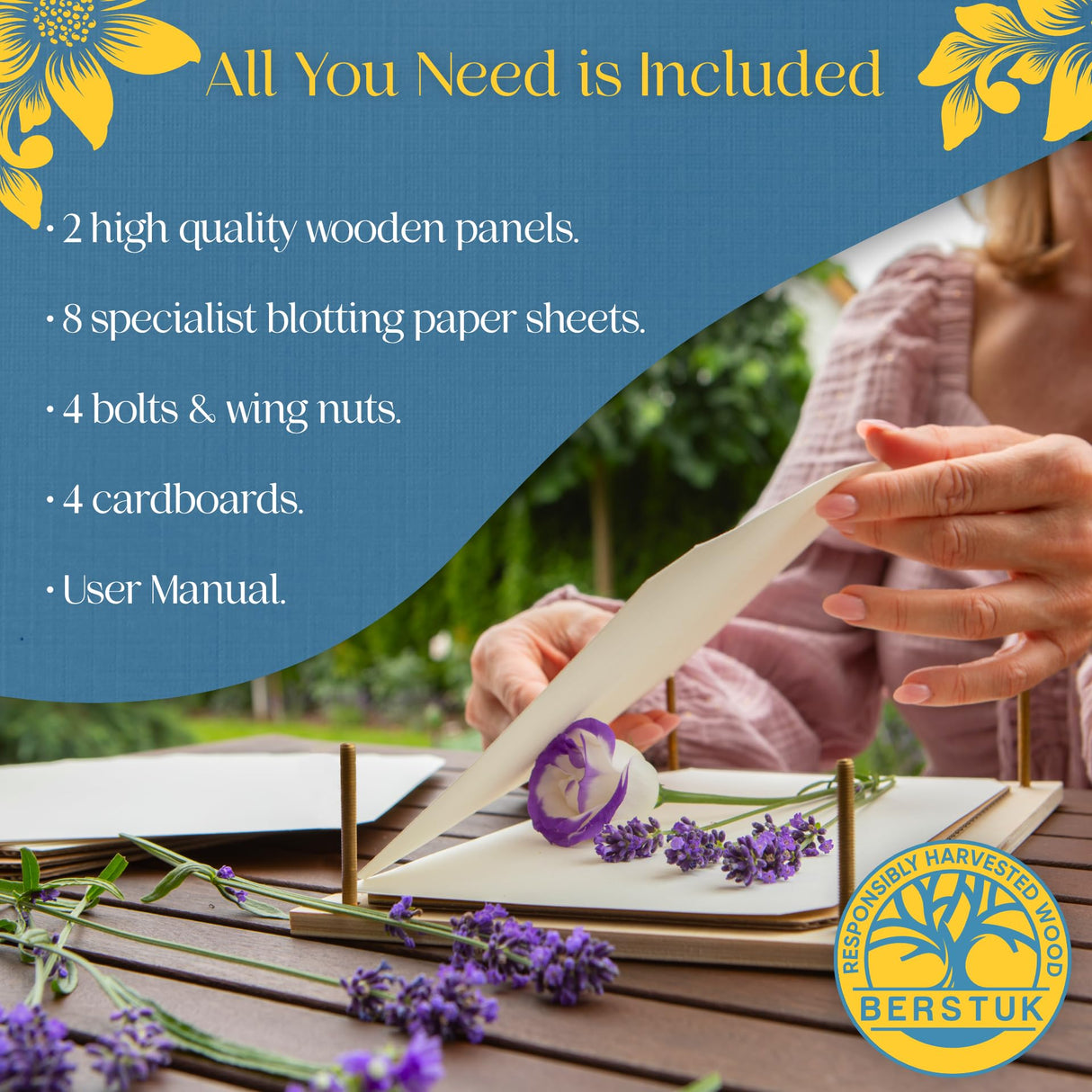 Berstuk Wooden Flower Press for Adults and Teens - Includes Expert Video Tutorials - Large Flower Press Kit 10.8" x 6.9" - Gift-Ready Packaging Ideal for Arts and Crafts Lovers Berstuk