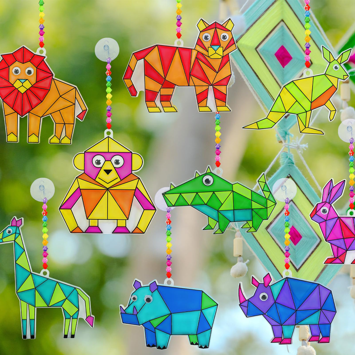 Winlyn 24 Sets Jungle Animal Suncatcher Decorations DIY Window Paint Art Craft Kits Safari Animal Sun Catchers Rainbow Painting Kit for Kids Classroom Activities Summer Camping VBS Party Art Project Winlyn