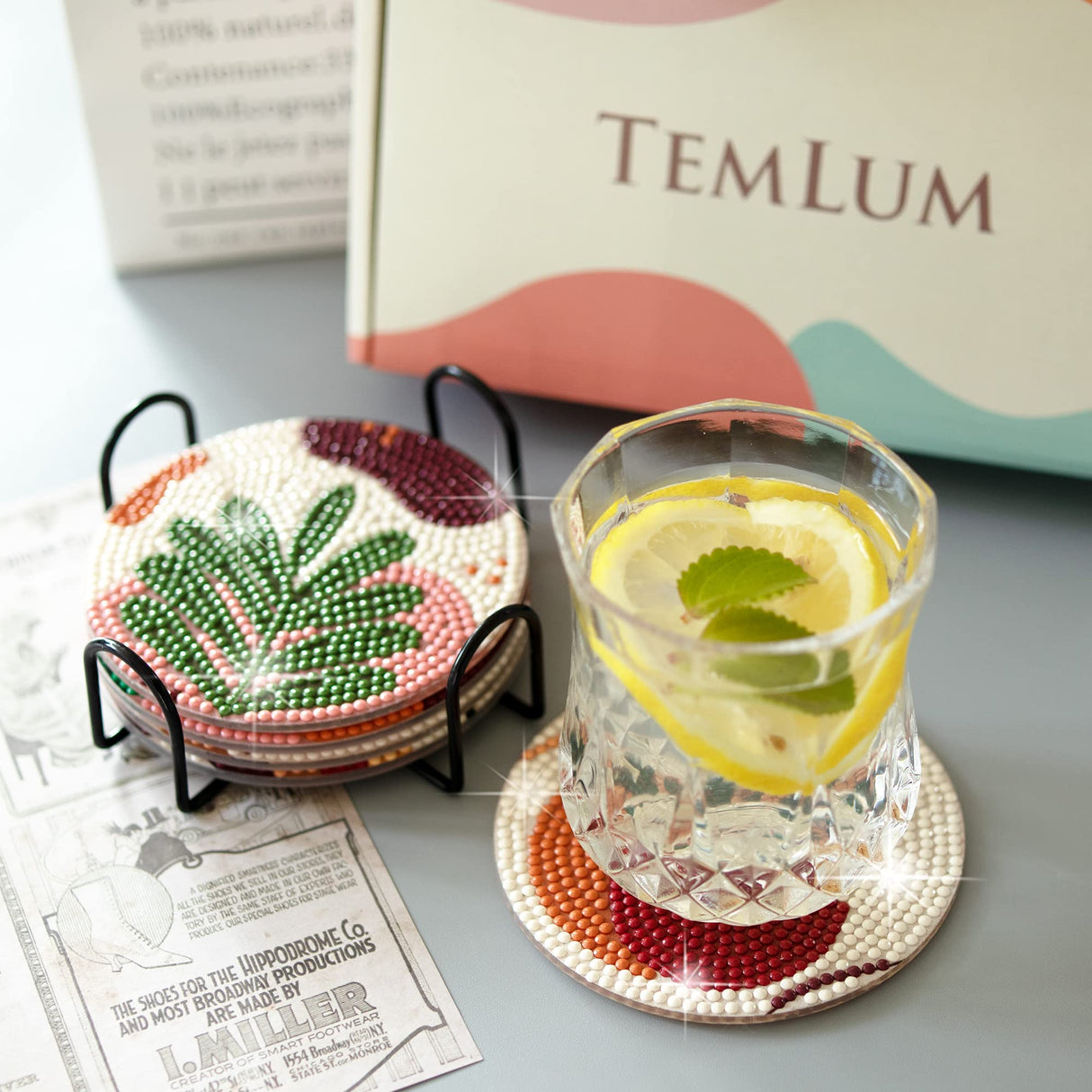 Temlum 6 Pcs Diamond Painting Coasters with Holder, Abstract Plants Coasters Diamond Art Kits for Beginners, Adults Small Diamond Painting Kit Art Craft Supplies Temlum