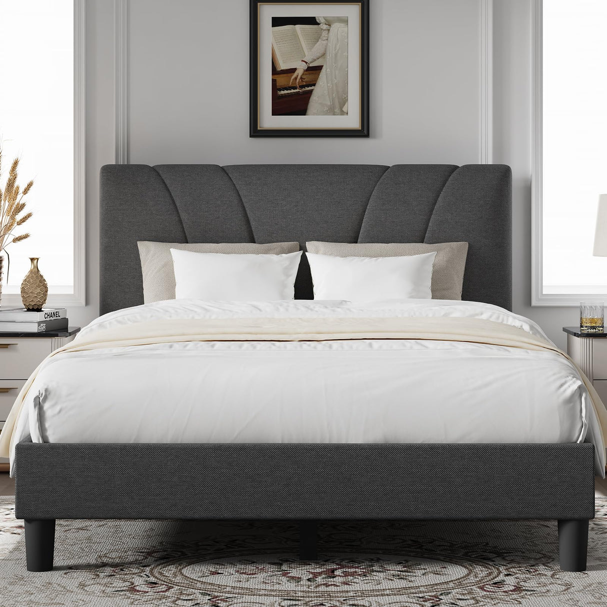Novilla King Bed Frame and Headboard, Linen Upholstered King Size Bed Frame with Wood Slats Support, No Box Spring Needed, Heavy Duty Feet, Easy Assembly, Grey Novilla