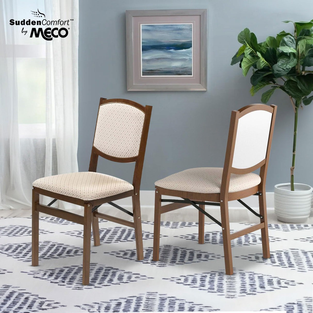MECO Stakmore Contemporary Premium Solid Wood Dining Compact Folding Chair Set with Fabric Padded Upholstered Seat, Fruitwood, Set of 4 MECO