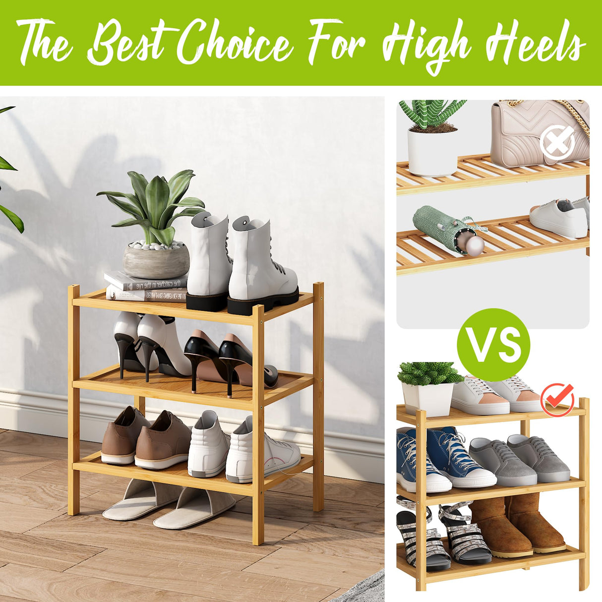 BMOSU 3-Tier Bamboo Small Shoe Rack Premium Stackable Shoe Shelf Storage Organizer for Hallway Closet Living Room Entryway Organizer(Natural) BMOSU