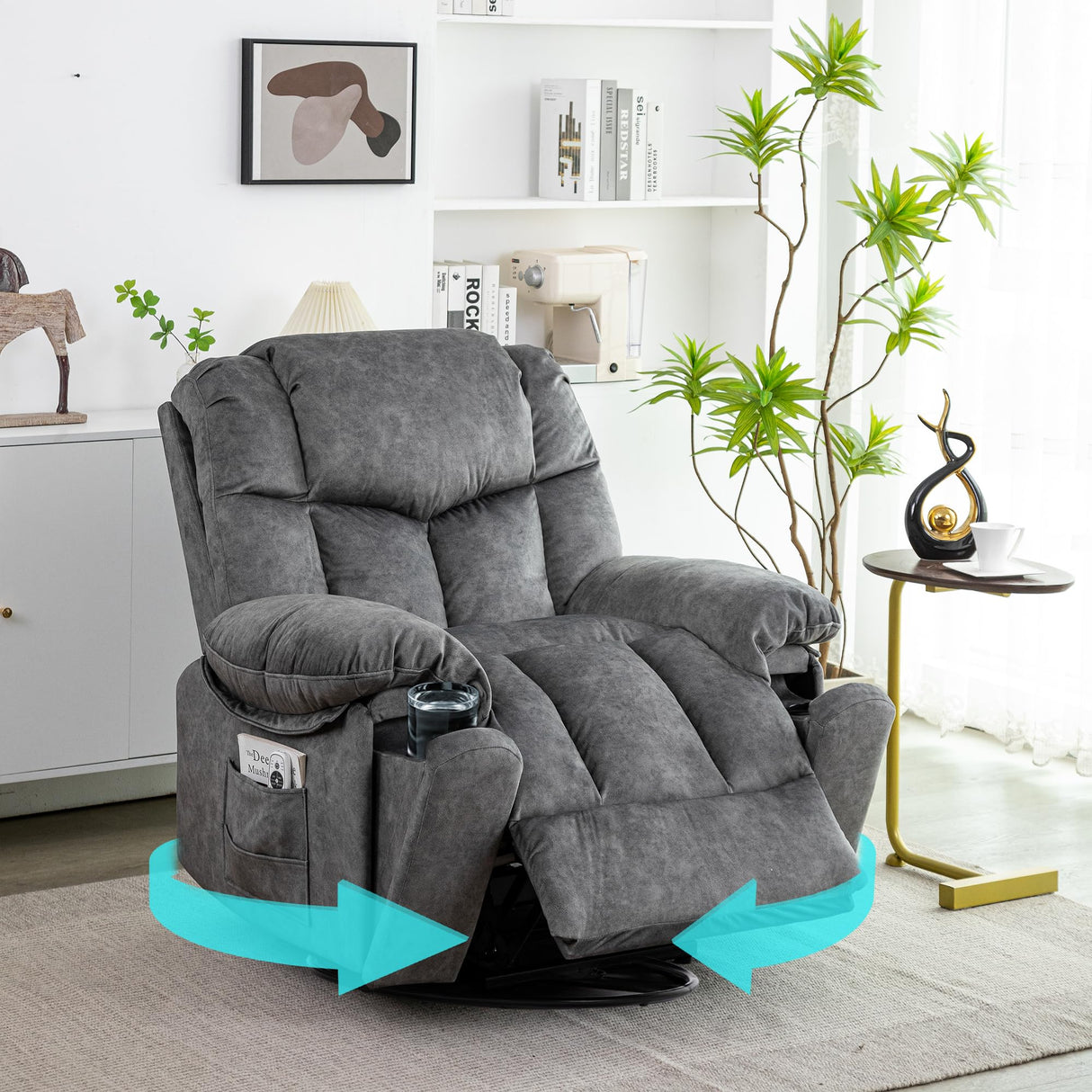 YI DANICA Recliner Chair with Swivel Glider Base for Living Room, Overstuffed Rocker Recliner with Foldable Armrest & Hidden Cup Holder, Manual Lounge Chair with 330lbs Capacity (Modern Style, Gray) YI DANICA