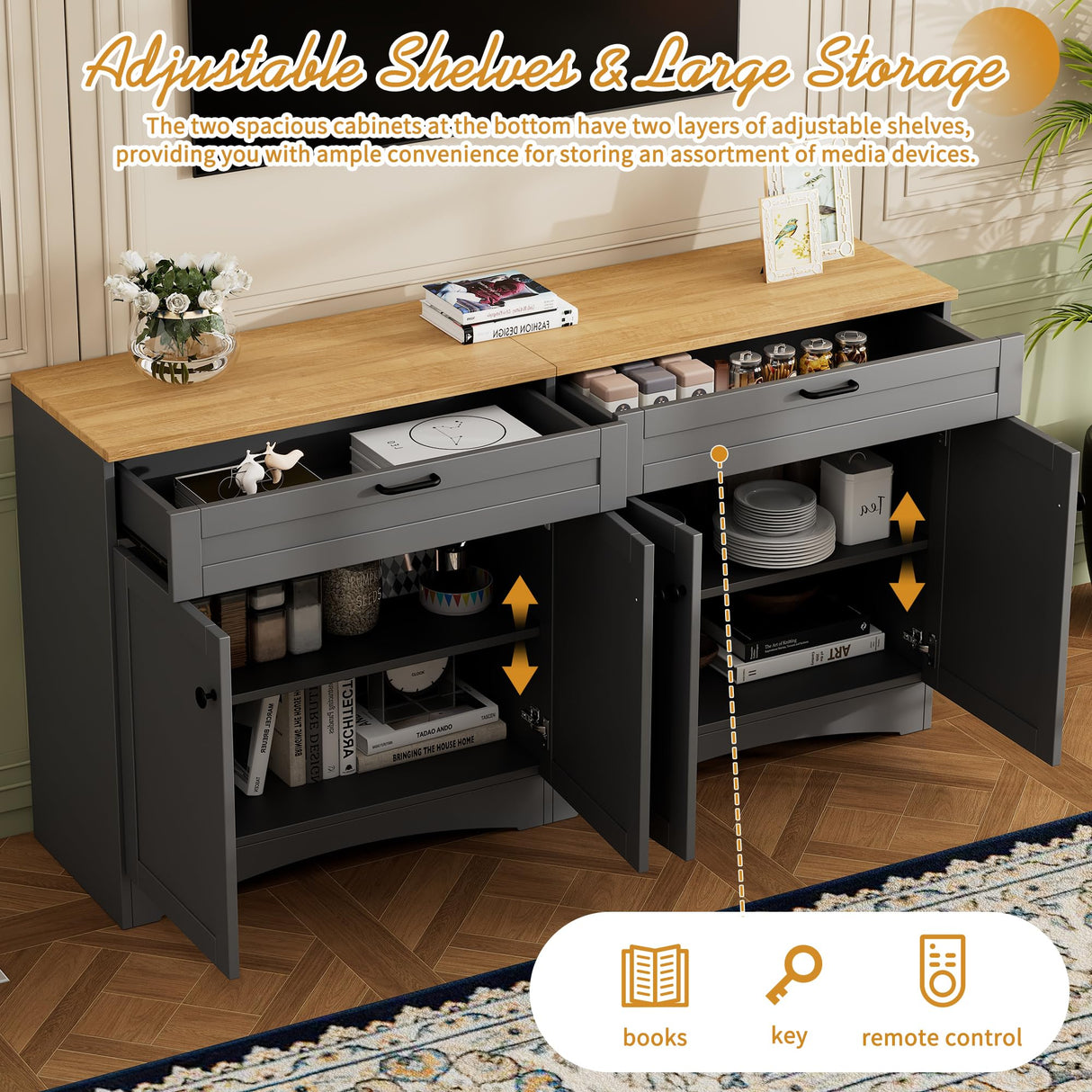 Merax Modern 3 Piece TV Stands with 2 Bookshelves for Televisions Up to 70'', Wood Large Entertainment Center w/Storage, Media Console for Living Room Bedroom, Gray Merax