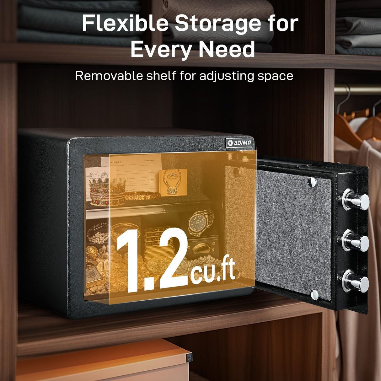 ADIMO Biometric Safe Box, 1.2 CuFt Home Safe with Biometric Fingerprint & Touchscreen, Fireproof Safe Box w/Removable Shelf & Alarm System, Money Safe for Documents& Valuables Home Office Hotel ADIMO